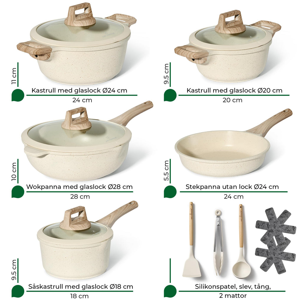 Just Perfecto Set med 21 kastruller och stekpannor, non-stick köksredskapsset, vit granit, induktion, non-stick set med stekpannor och kastruller (PFOS, PFOA-fri) (Biege)