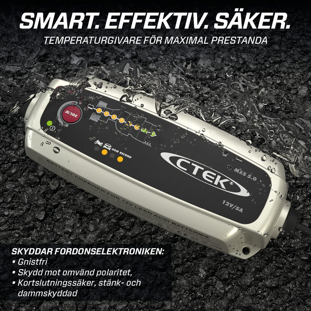 CTEK MXS 5.0, Batteriladdare 12V Med Inbyggd Temperaturkompensation, Motorcykel- Och Billaddare, Smart Batteriladdare, Batterihållare Med Rekonditioneringsläge Och Dedikerat AGM-läge