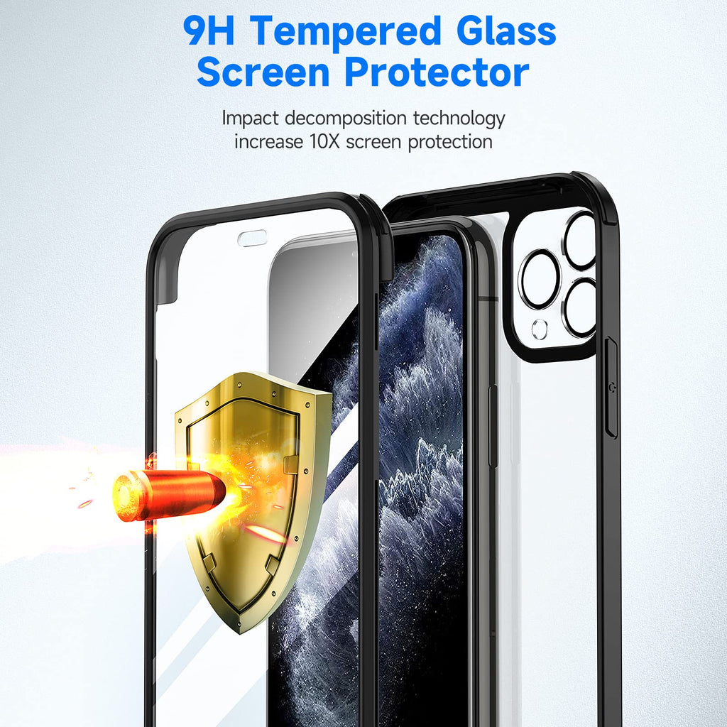 seacosmo för iPhone 11 Pro Mobilskal, [9H HD] Integrerat Skärmglas och Linsskydd, 360 Grader Stöttåligt Fodral, Stötdämpande Skal för iPhone 11 Pro, Svart