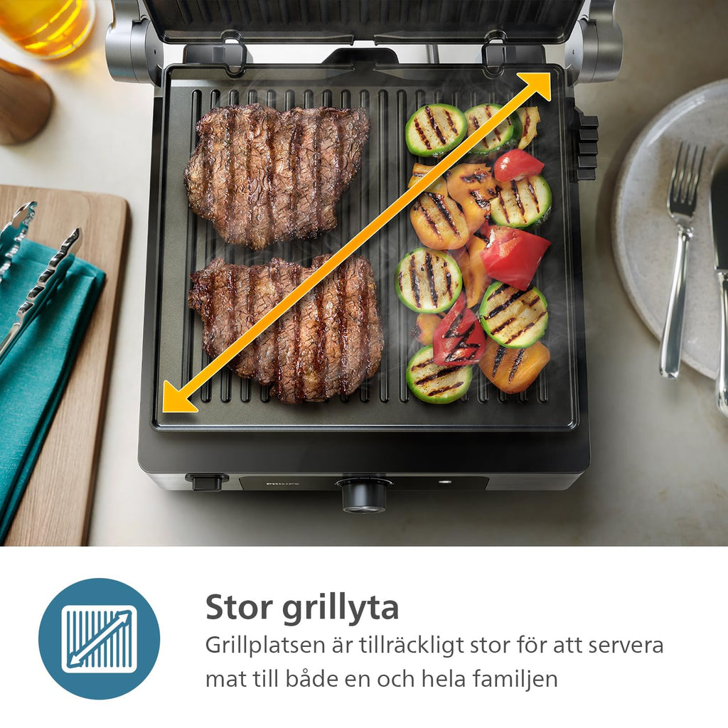 Philips kontaktgrill - Justerbar temperatur. Stor grillyta och hög effekt. Löstagbara non-stick-plattor och droppbricka. (HD6301/90)