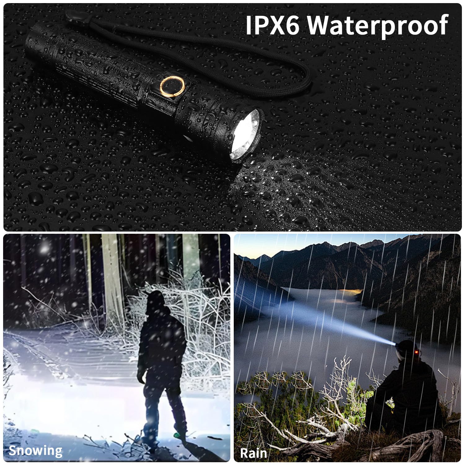 Uppladdningsbar LED-ficklampa, 2 000 lumen, extremt ljus LED-ficklampa med 3 lägen, mini ficklampa med lång livslängd, IP65 vattentät, för camping, fiske, nödsituationer