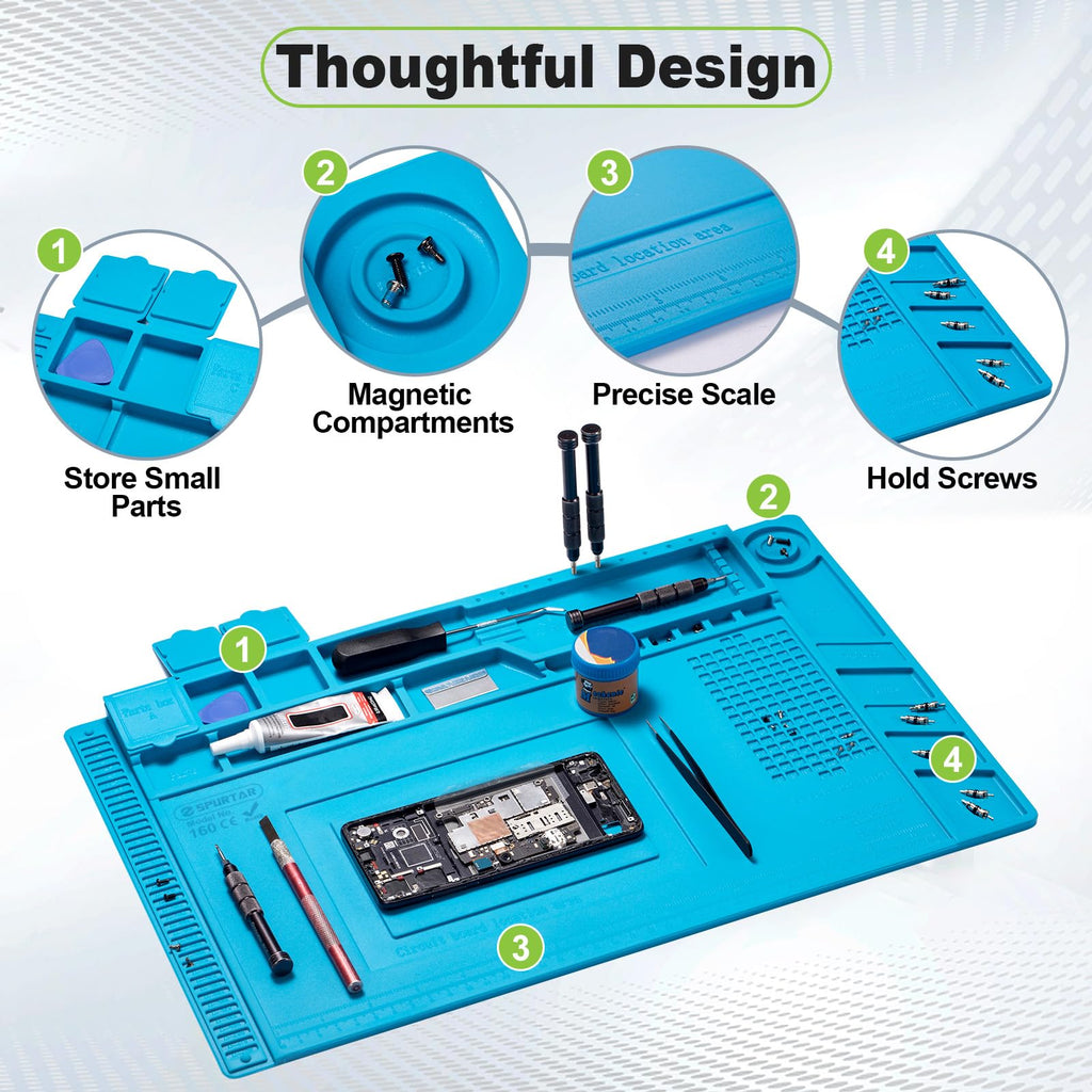 Spurtar Lödmatta, Lödstation, 45 x 30 cm, 500 ℃ Värmebeständig Silikonarbetsmatta, Antistatisk Matta, Mångfunktionell Magnetisk Elektronikreparation, Silikonplatta för Lödning, Svetsning Gör-det-själv