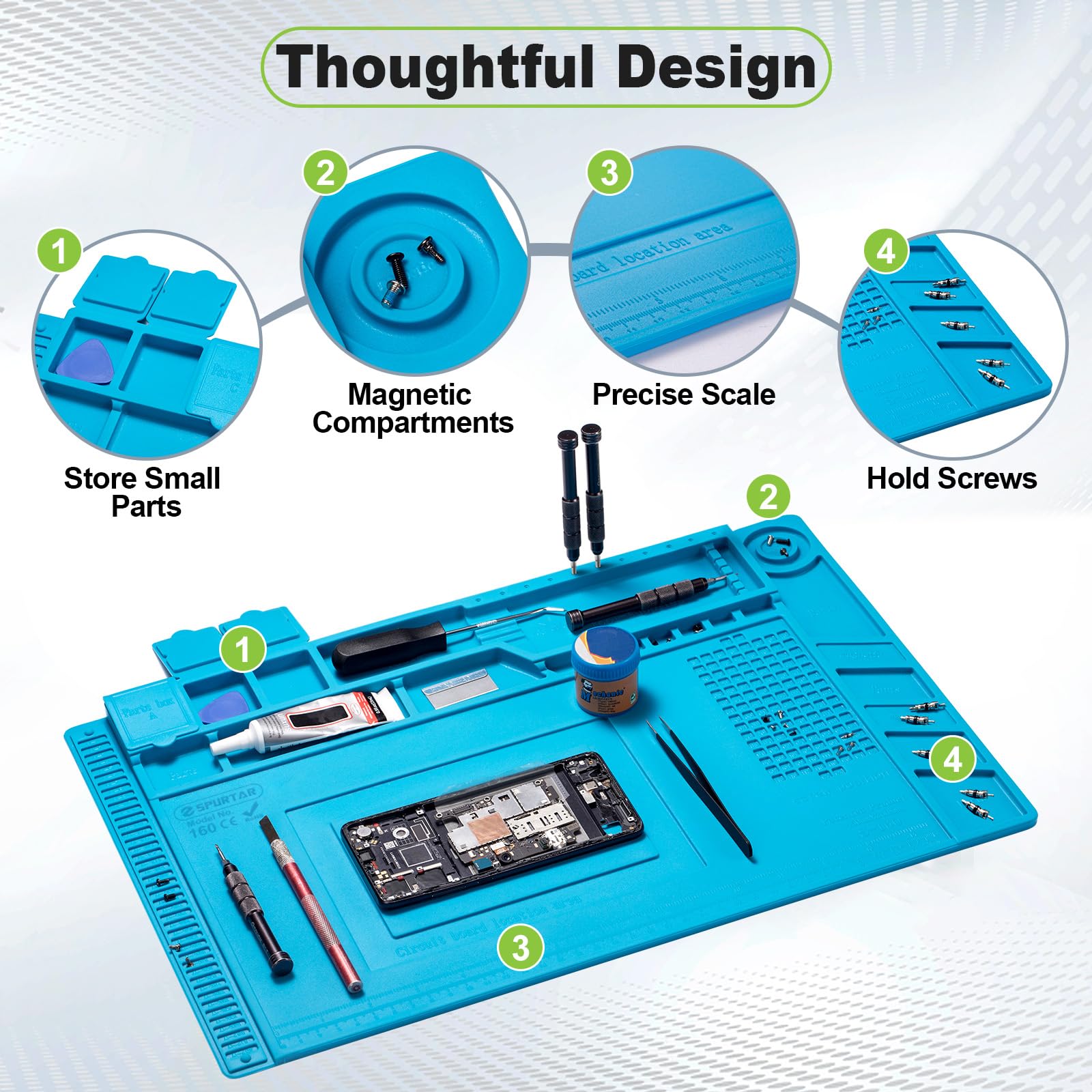 Spurtar Lödmatta, Lödstation, 45 x 30 cm, 500 ℃ Värmebeständig Silikonarbetsmatta, Antistatisk Matta, Mångfunktionell Magnetisk Elektronikreparation, Silikonplatta för Lödning, Svetsning Gör-det-själv