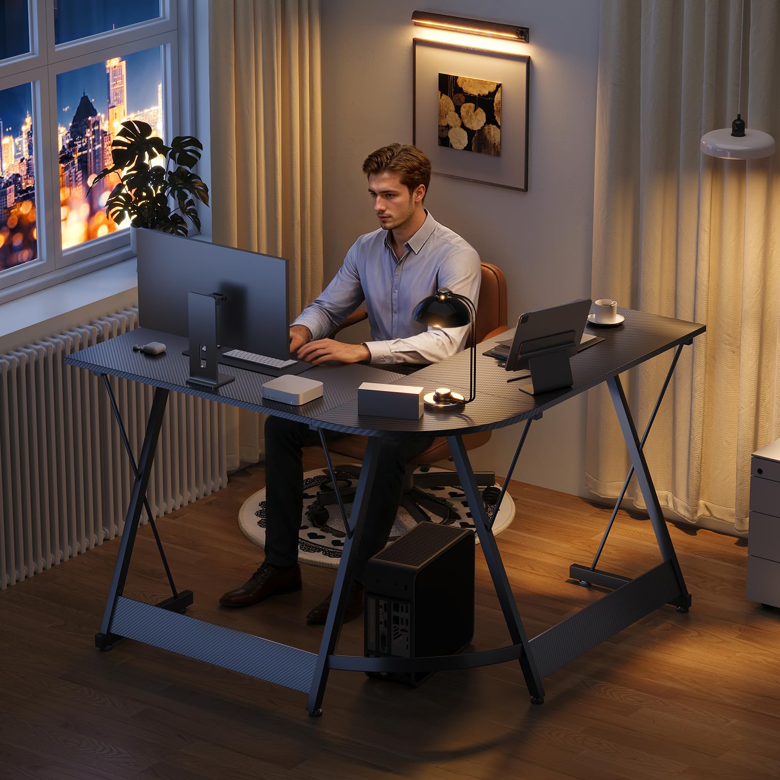 ODK L-format Skrivbord, Gamingbord Datorskrivbord Kontorsskrivbord med Runt Hörn, Spelbord för Gaming, Hemmakontor (Svart kolfiber, 120x120cm)