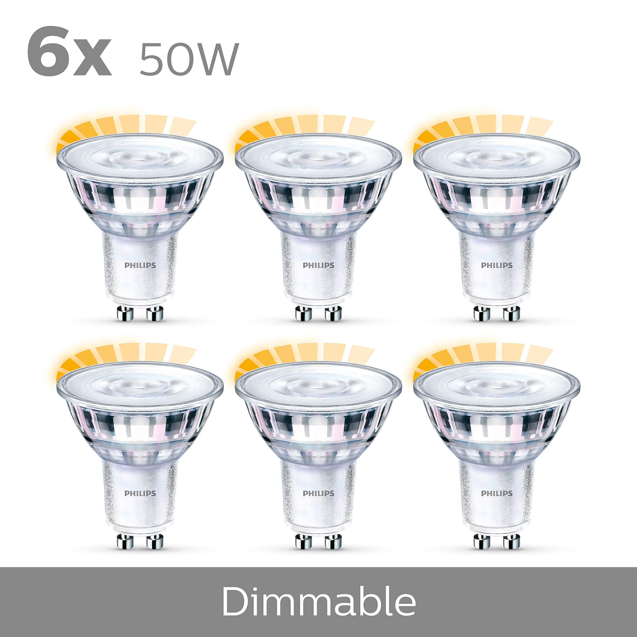 Philips Classic LED-ljuskälla, 50W, GU10, C90, varmvitt ljus, Warm Glow, 2000-2700 kelvin, 15 000 timmar, dimbar, 6-pack