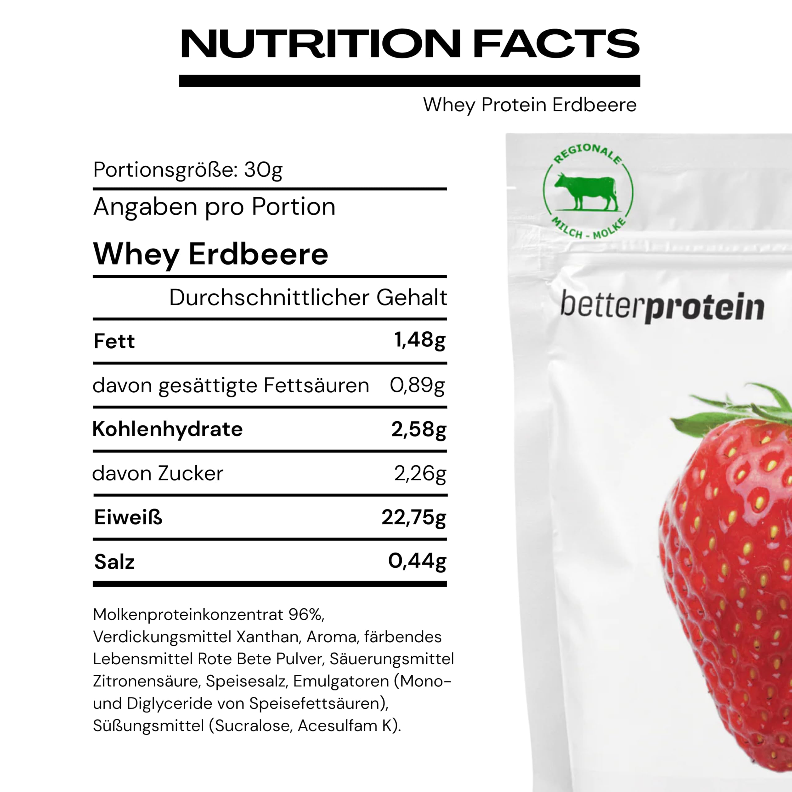 Whey Protein – jordgubbe 1 kg – producerad i Tyskland från regional mjölk – BetterProtein® – Proteinpulver för muskeluppbyggnad och minskning – påse