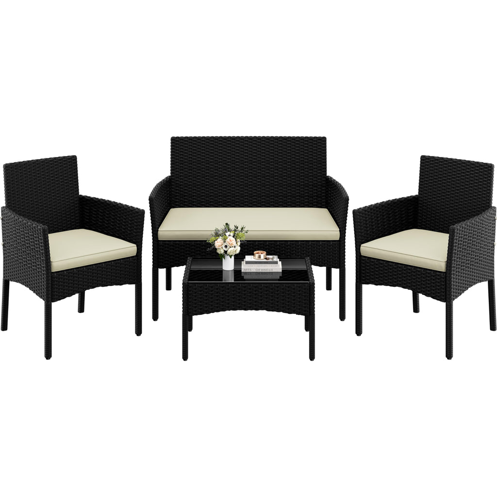 Yaheetech Set med 4 trädgårdsmöbler, balkongmöbler, sats av polyrattan terrassmöbler, utomhus med 2 soffor, 2 stolar, bord och sittdyna för terrass/balkong/trädgård, svart och beige