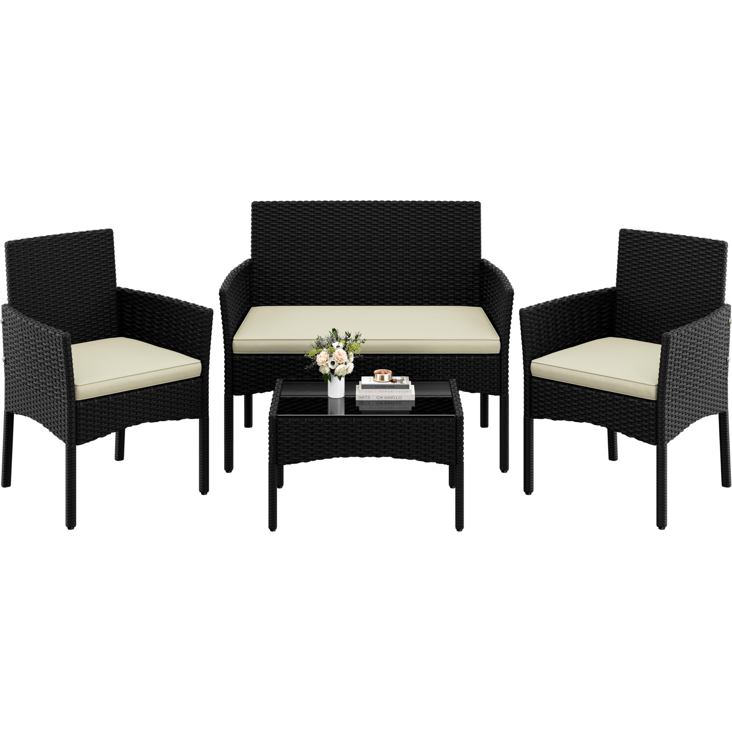 Yaheetech Set med 4 trädgårdsmöbler, balkongmöbler, sats av polyrattan terrassmöbler, utomhus med 2 soffor, 2 stolar, bord och sittdyna för terrass/balkong/trädgård, svart och beige
