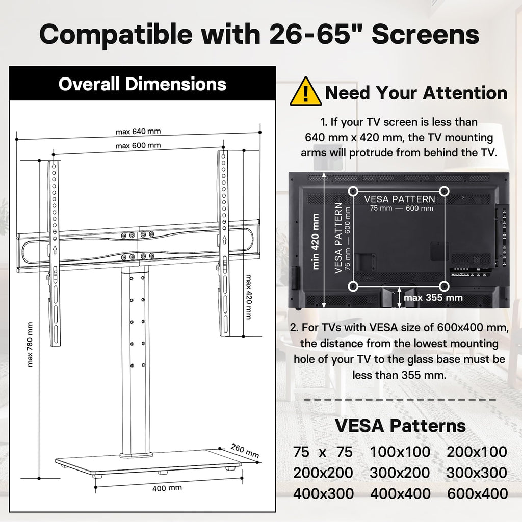 BONTEC Universellt Bordsskiva Piedestal TV Stativ med Fäste för 26"-65" LCD/LED/Plasma-TV – Höjdjusterbart Stativ med 8mm Härdat Glasbas och Kabelhantering–Stöder upp till 45kg och Max. VESA 600x400mm