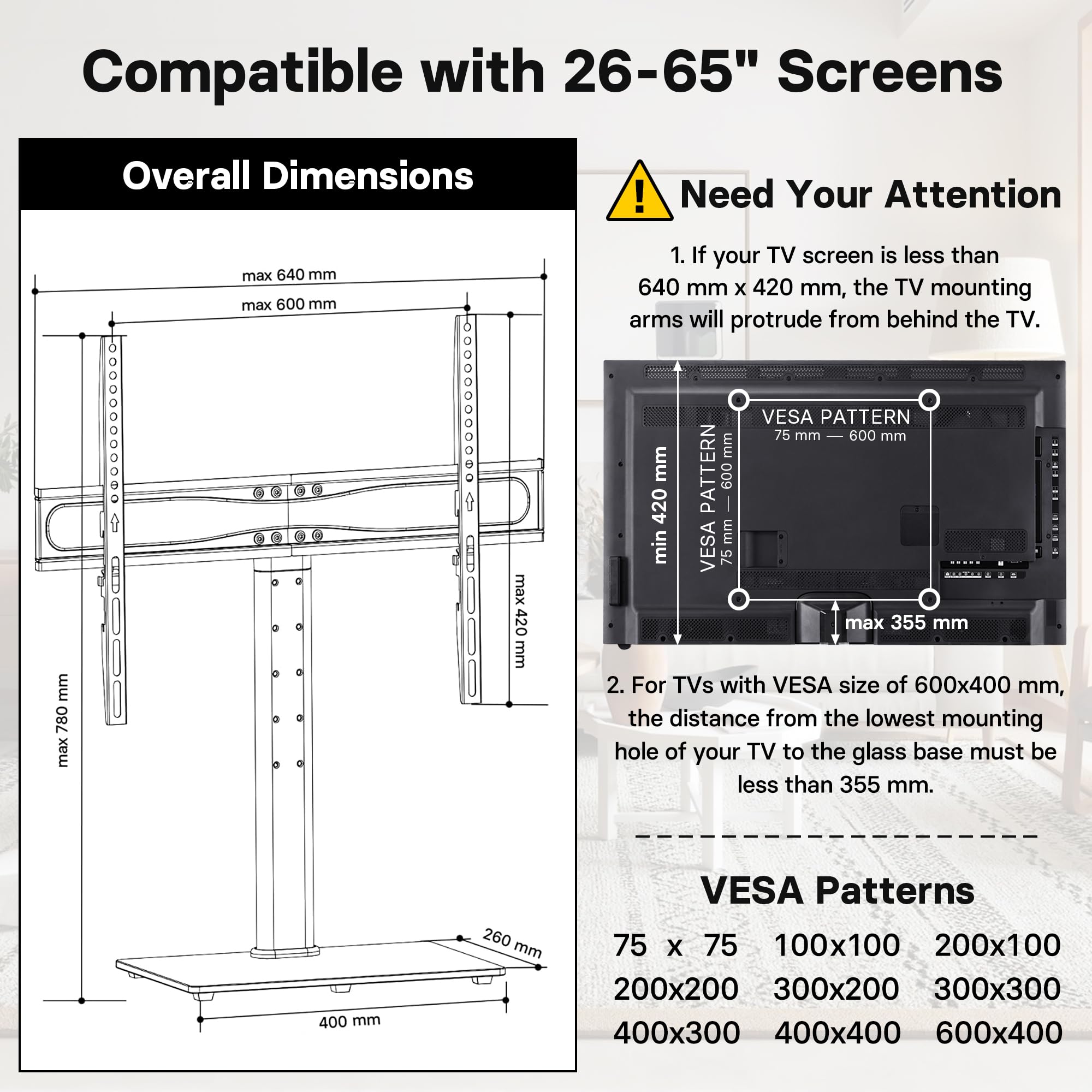 BONTEC Universellt Bordsskiva Piedestal TV Stativ med Fäste för 26"-65" LCD/LED/Plasma-TV – Höjdjusterbart Stativ med 8mm Härdat Glasbas och Kabelhantering–Stöder upp till 45kg och Max. VESA 600x400mm