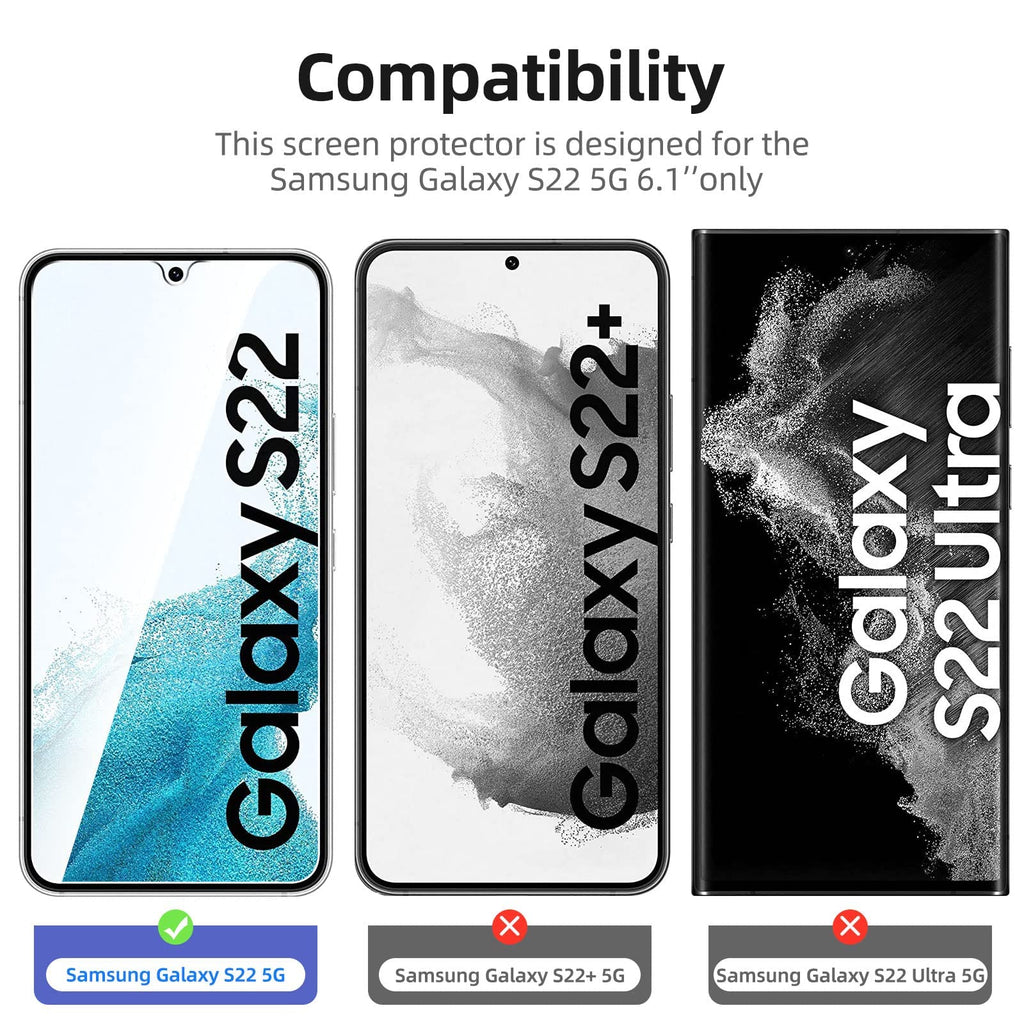 NEW'C 3 Pack, skärmskydd i glas för Samsung Galaxy S22 5G, bubbelfri, 9H hårdhet, 0,33 mm ultratransparent, ultrabeständigt härdat glas
