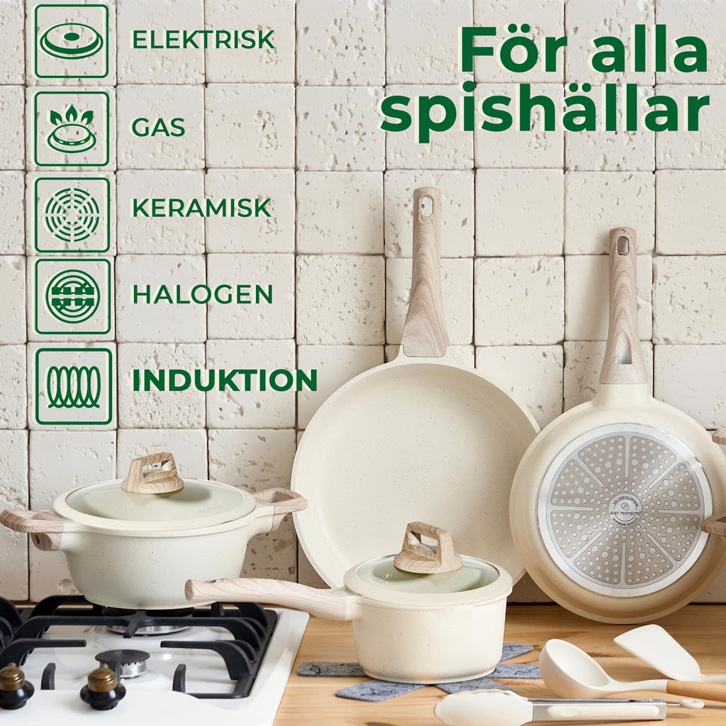 Just Perfecto Set med 21 kastruller och stekpannor, non-stick köksredskapsset, vit granit, induktion, non-stick set med stekpannor och kastruller (PFOS, PFOA-fri) (Biege)