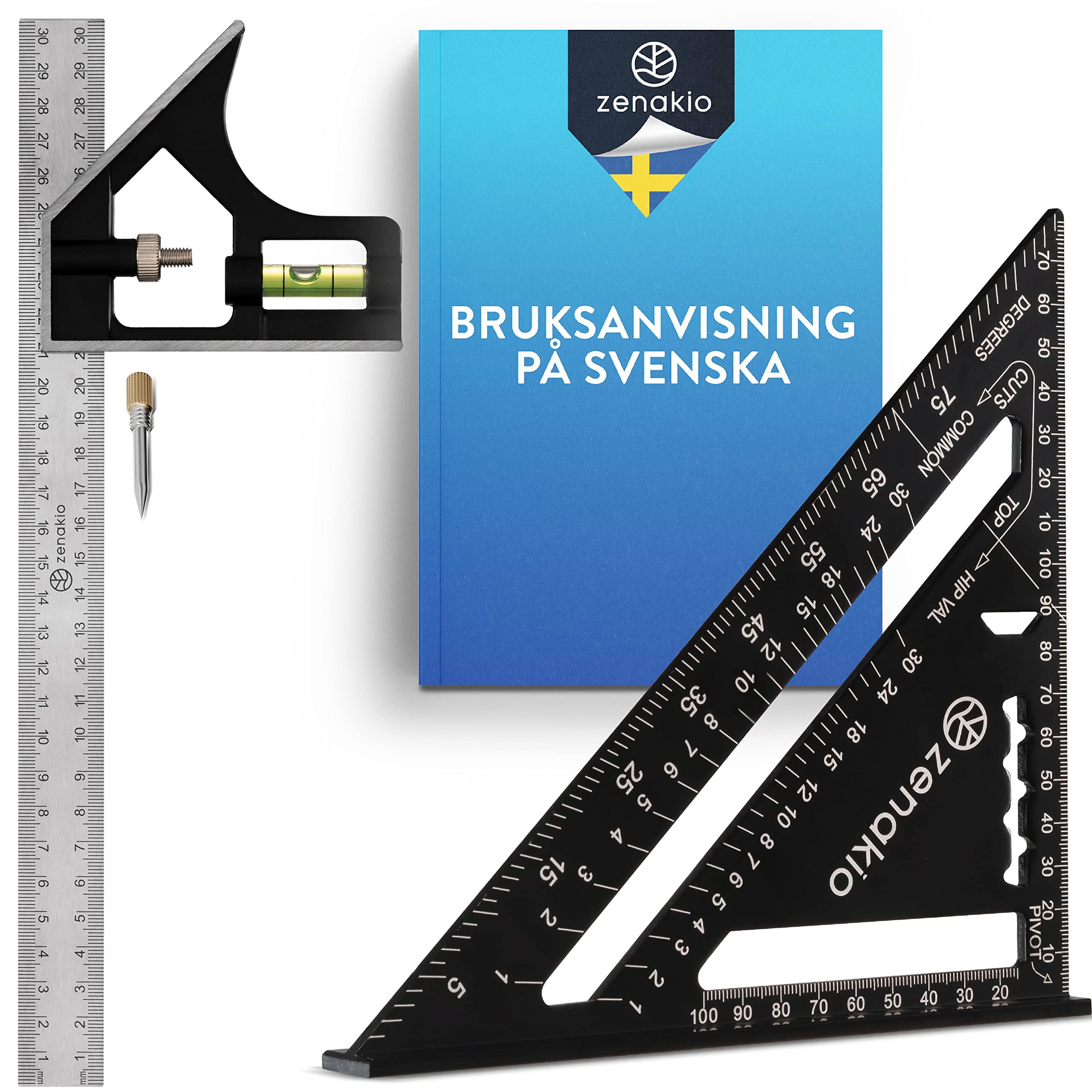 Snickarkvadrat (Set of 2) - Komplett Snickarkvadratkit 12-EN-1-185 mm Metallkvadrat + 300 mm Spårningsverktyg - Multifunktionella Kvadrater för DIY-verktyg