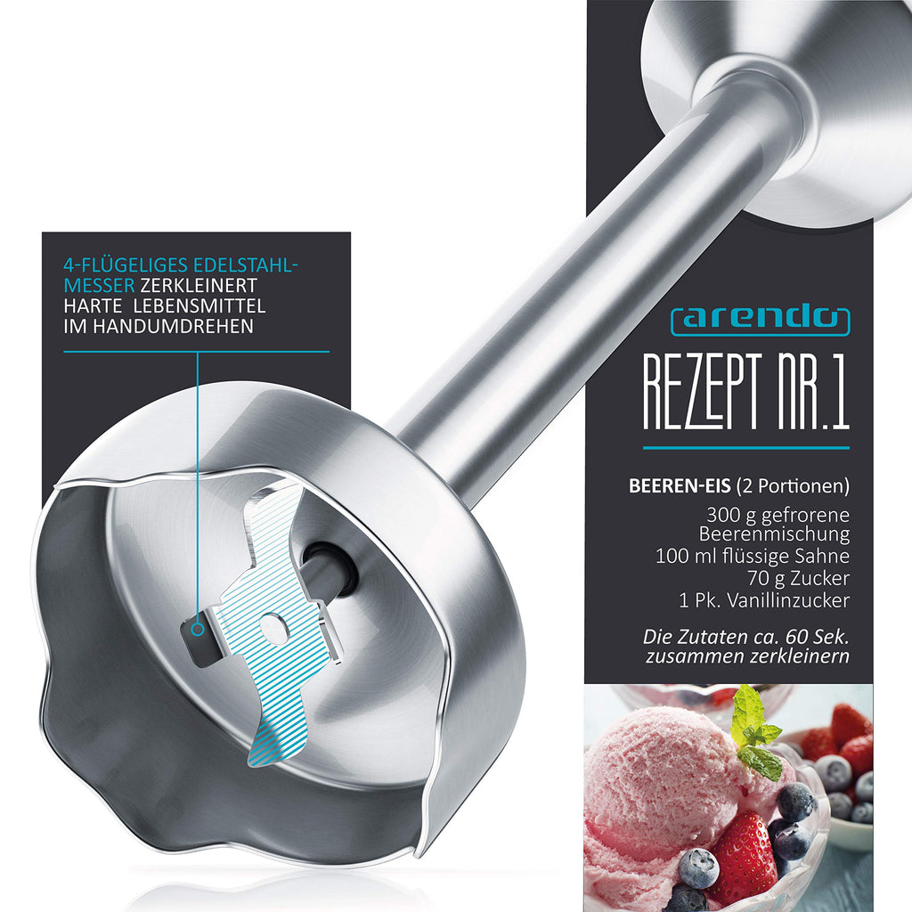 Arendo – stavmixer 1 000 watt rostfritt stål set – fyrbladig kniv – puréstav – steglös hastighetskontroll – turboknapp – avtagbar mixfot