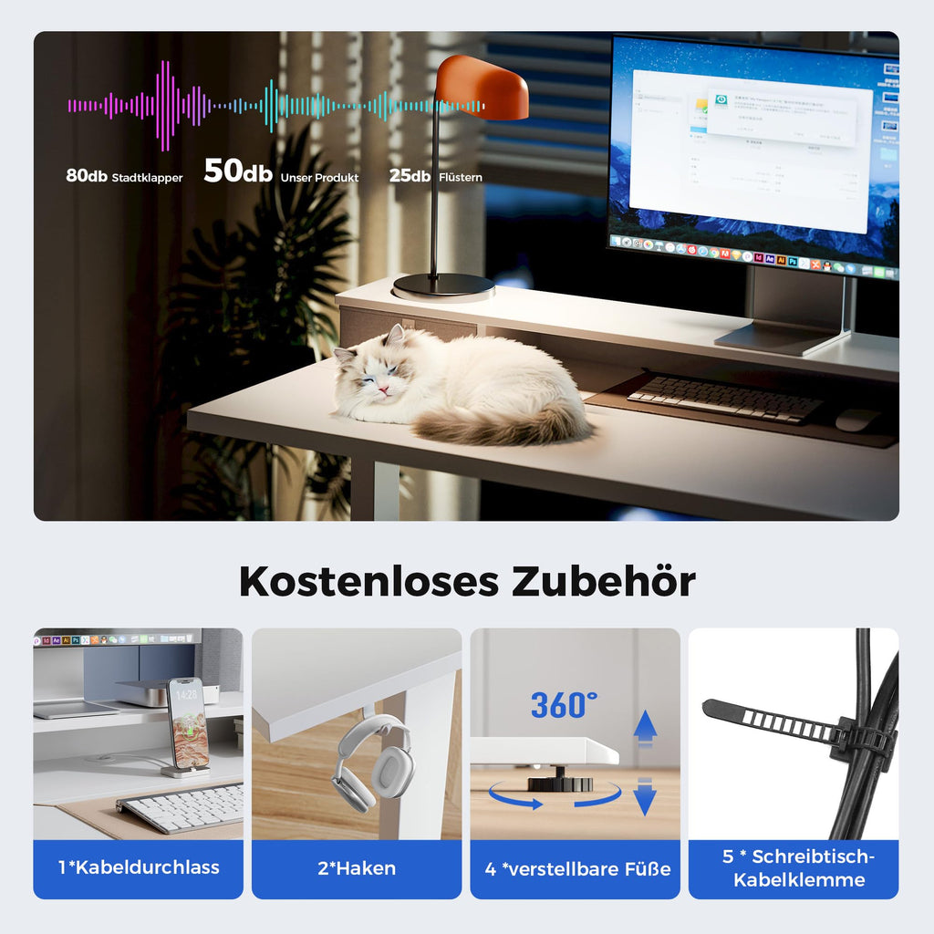 Agilestic Höjdjusterbart skrivbord med två lådor, 120 x 60 cm elektriskt datorskrivbord med minnesfunktion, skrivbord för kontor och hem, vit