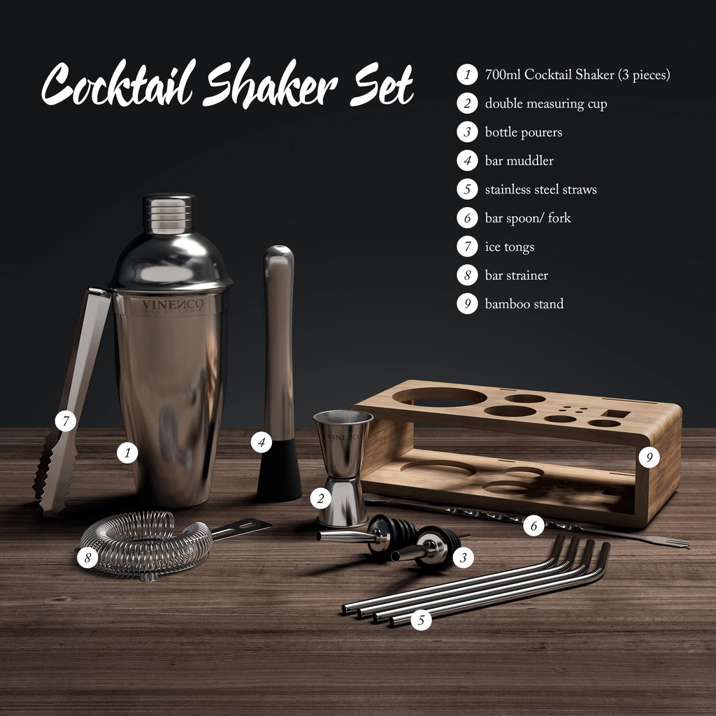 Cocktail Shakers Set Manhattan med Stand + Recept Bok: Premium Rostfritt Stål Bar Kit: Sil Dubbel Jigger Sked | Pro Bartender Making Drinks - Mojito Martini Gin Maker, Party Fest Gåva Låda Kvinnor Män