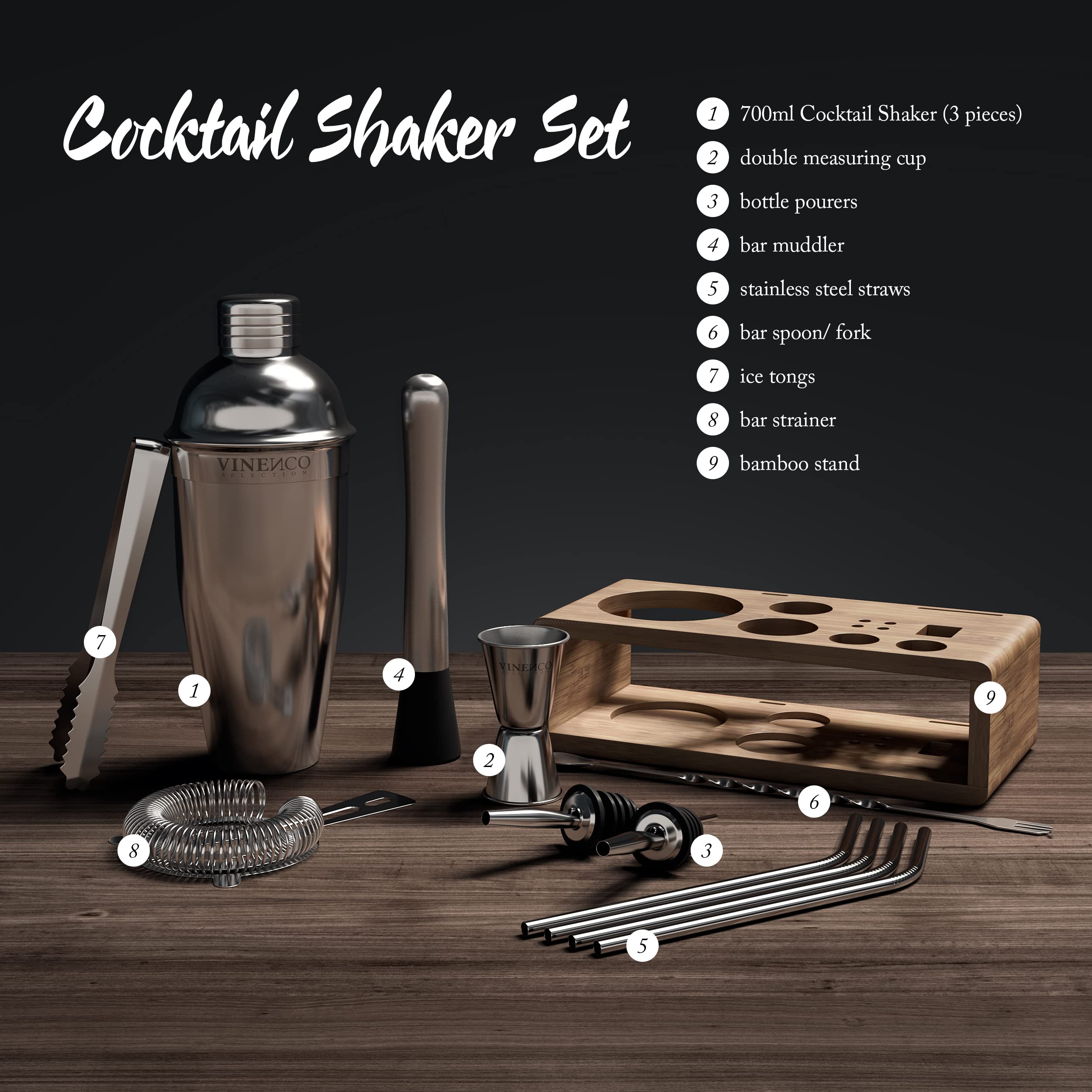 Cocktail Shakers Set Manhattan med Stand + Recept Bok: Premium Rostfritt Stål Bar Kit: Sil Dubbel Jigger Sked | Pro Bartender Making Drinks - Mojito Martini Gin Maker, Party Fest Gåva Låda Kvinnor Män