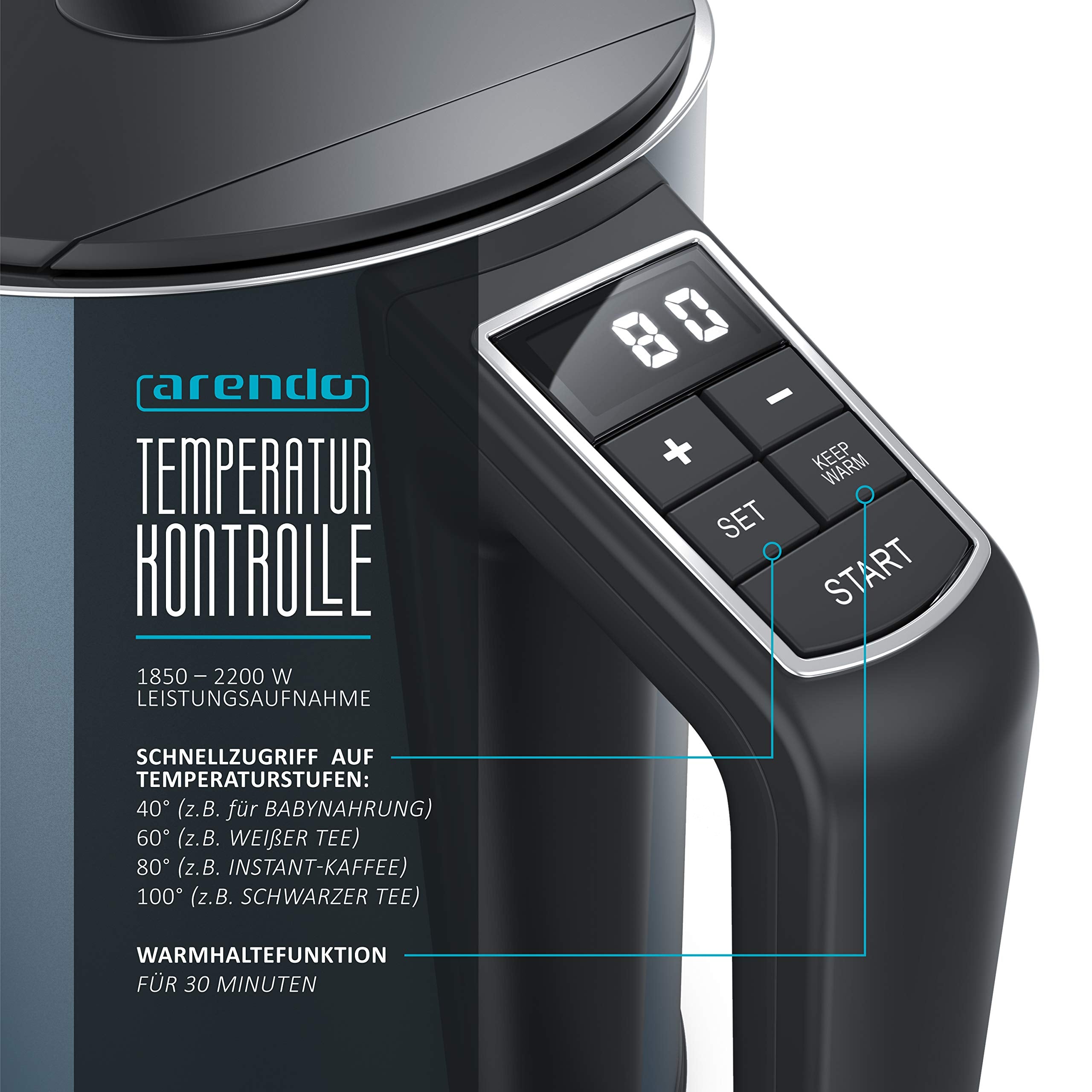 Arendo - Vattenkokare i rostfritt stål med temperaturinställning 40-100 grader i steg om 5 - Dubbelväggsdesign - ELEGANT modell - 1,5 liter - 2200 W - Tekokare med temperaturdisplay - GS - Admiral blå