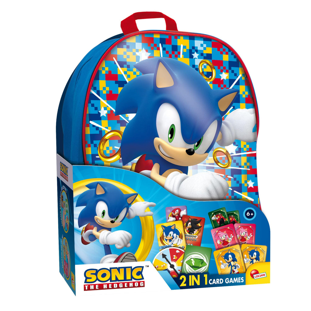 LISCIANI - SONIC - Ryggsäcksset med 2-i-1 kortspel Sonic - Resespel för barn från 6 år - 2 olika spel att spela i skolan - 2 eller fler spelare - Tillverkad i Italien
