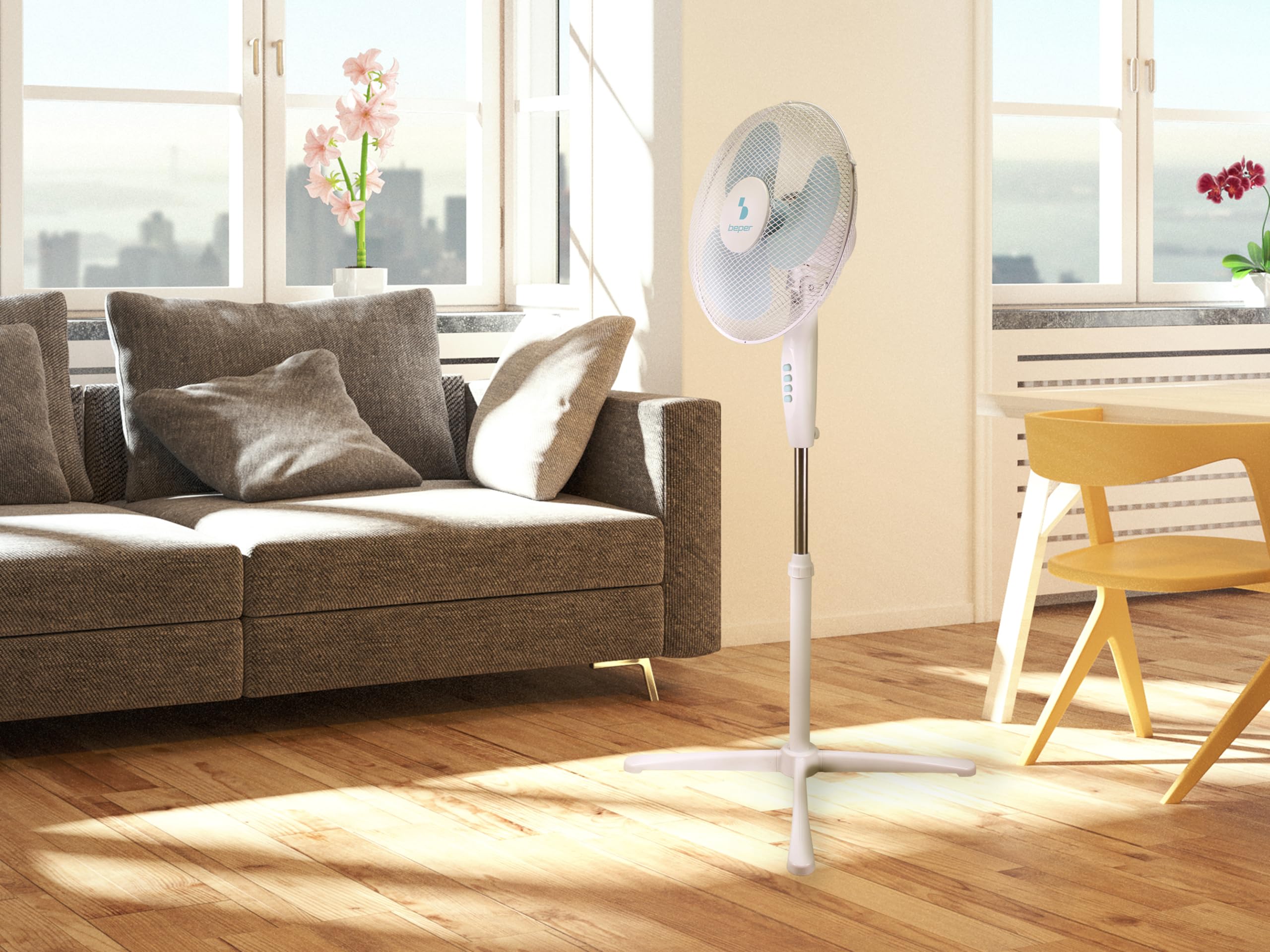 BEPER P206VEN103 Piedestalfläkt 3 blad, justerbar höjd upp till 125 cm, 3 hastigheter, automatisk oscillation, enkel montering utan verktyg, 40 cm stålgaller, tvärbas, 40W