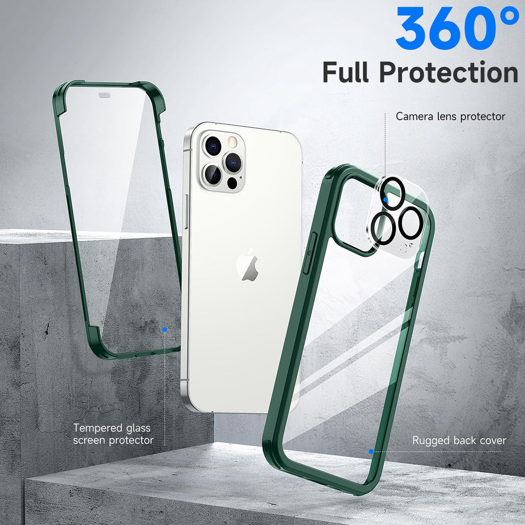 seacosmo för iPhone 12 Pro Mobilskal, [9H HD] Integrerat Skärmglas och Linsskydd, 360 Grader Stöttåligt Fodral, Stötdämpande Skal för iPhone 12 Pro, Grön