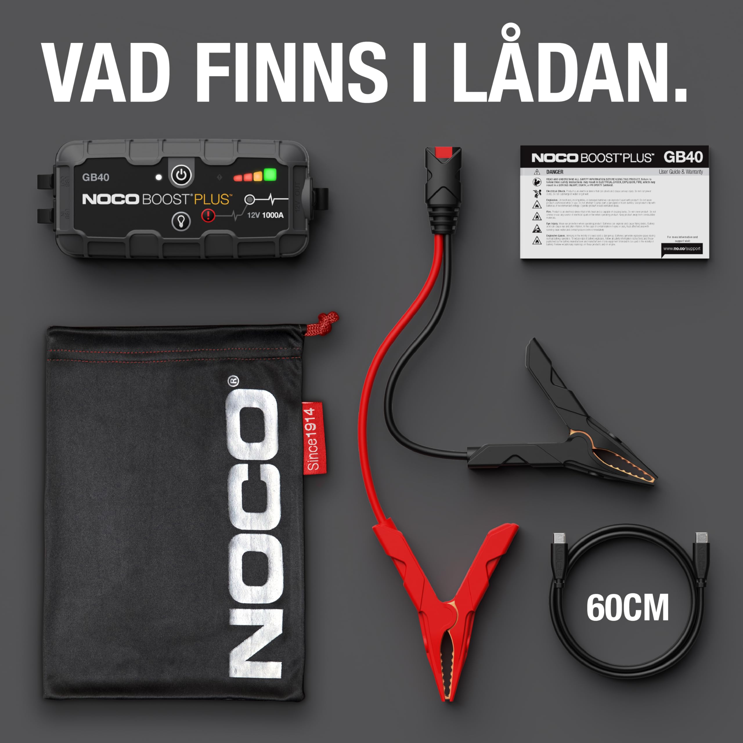 NOCO Boost Plus GB40 1000A 12V UltraSafe Litium-Starthjälp, Boosterpaket, Bil Startbooster, Bärbar Powerbank Laddare och Startkablar för Bensinmotorer upp till 6L och Dieselmotorer upp till 3L