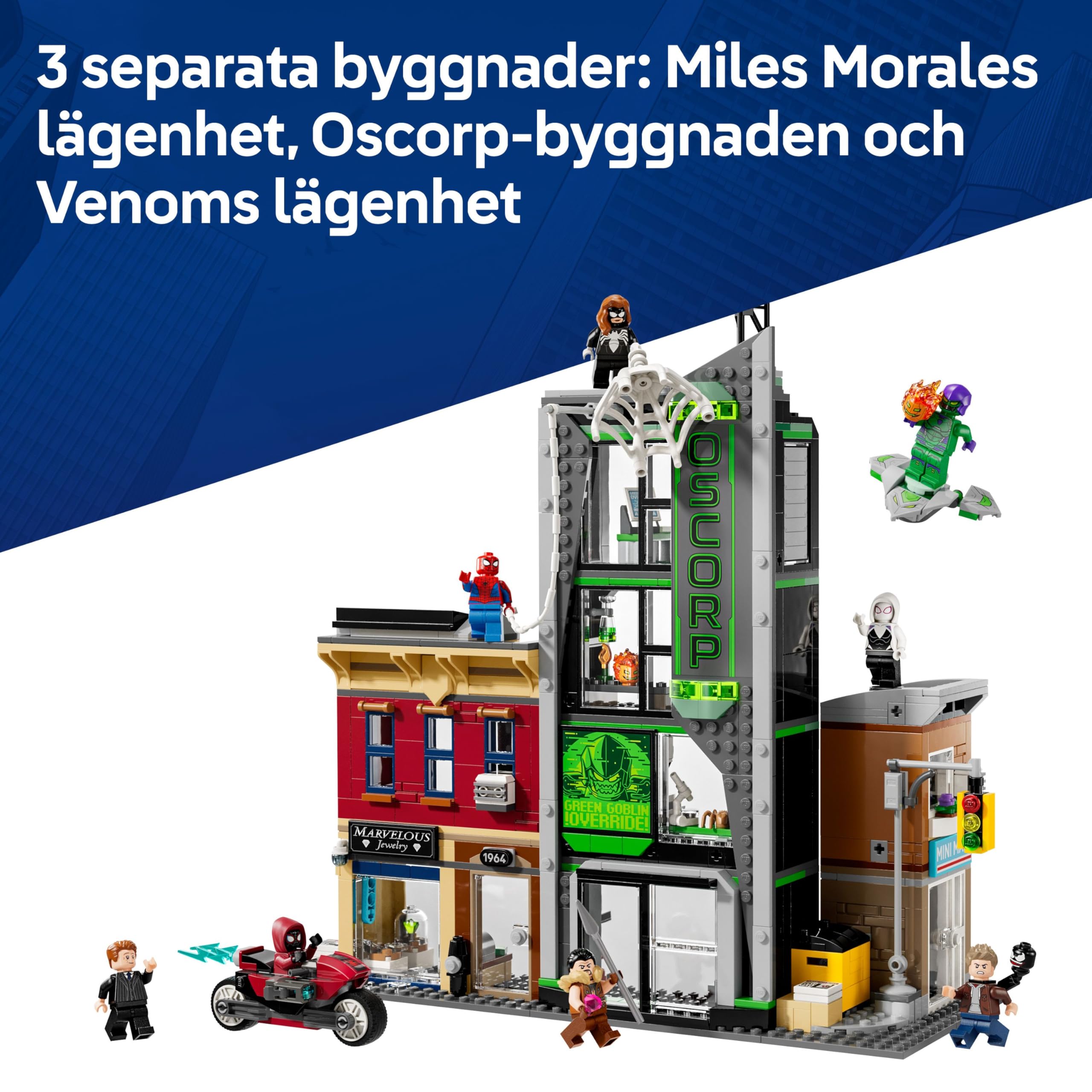 LEGO Marvel Spider-Man mot Oscorp, Byggset för barn, Innehåller minifigurer av Spider-Woman, Miles Morales, Ghost-Spider och Green Goblin, Present för pojkar och flickor att samla 76324
