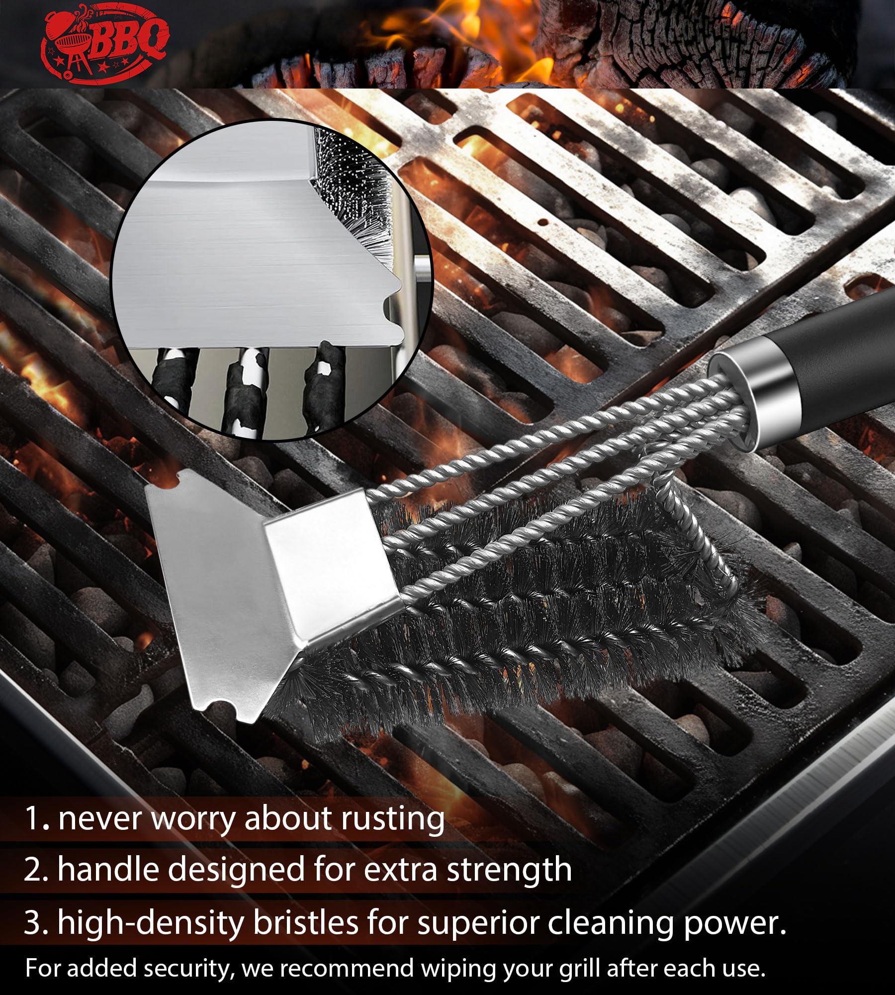 Grillborste, TNTOR grillrengöringsborste med extra långa borst i rostfritt stål, spatel i rostfritt stål och PP-värmeisolerande handtag, för gasgrill, kolgrill, kulgrill, elgrill och grillgaller.
