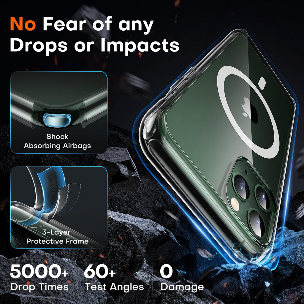TOCOL Skal för iPhone 11 Pro Max, Kameraskydd, Integrerad Magnetring, Kompatibel med Magsafe, Fallskydd, Genomskinlig Matt Baksida, Transparent