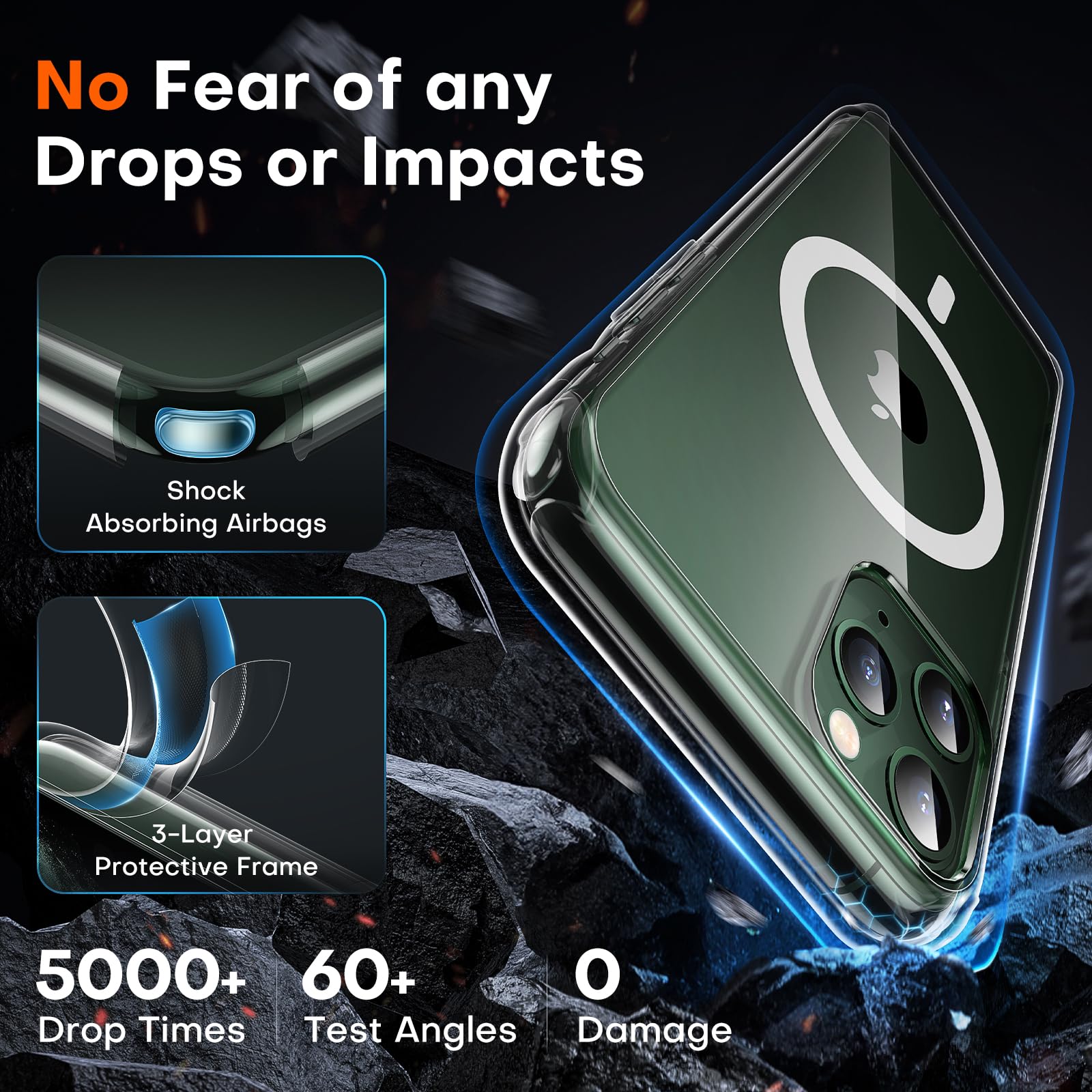 TOCOL Skal för iPhone 11 Pro Max, Kameraskydd, Integrerad Magnetring, Kompatibel med Magsafe, Fallskydd, Genomskinlig Matt Baksida, Transparent