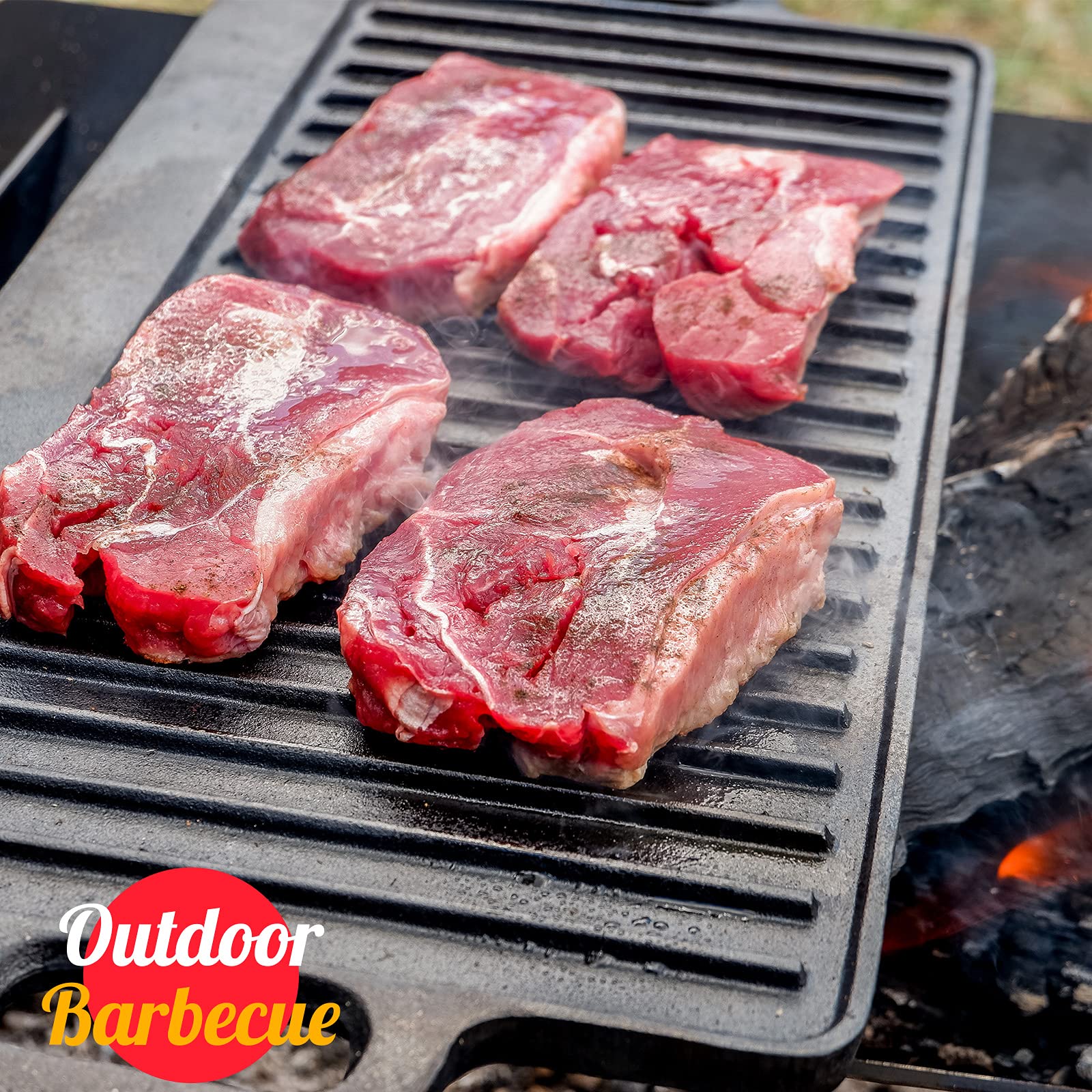 OVERMONT Gjutjärnsplatta, grillplatta, gjutjärn, dubbelsidig – grill med handtag 43,2 x 24,9 cm – för grill, spis, träkolgrill, gasgrill