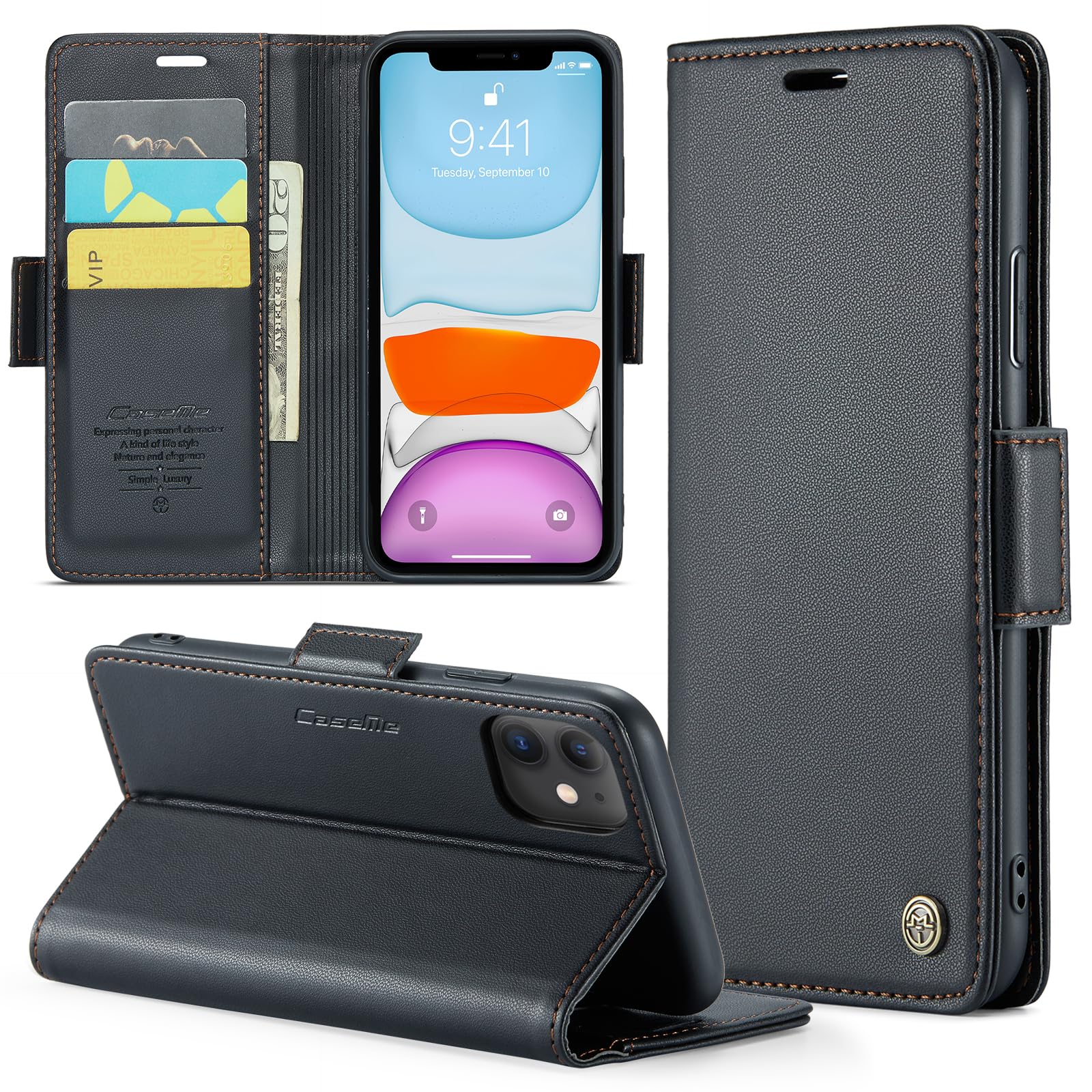 Skal för iPhone 11 Case, Läderfodral Plånbok Skal, [TPU-skal] [Kortplatser] [Kickstand] stöttåligt folio flipfodral Wallet Leather Cover för iPhone 11, Svart