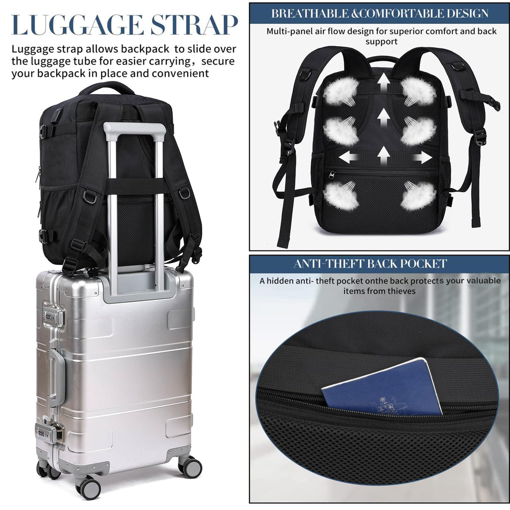 Handbagage Reseryggsäck 40x30x20 Kabinbagage 40x30x20 för Ryanair Wizzair, Under Säte Kabinväska Reseryggsäck med USB-laddningsport Laptopryggsäck14 tum Kabinväska för Män Kvinnor, Svart
