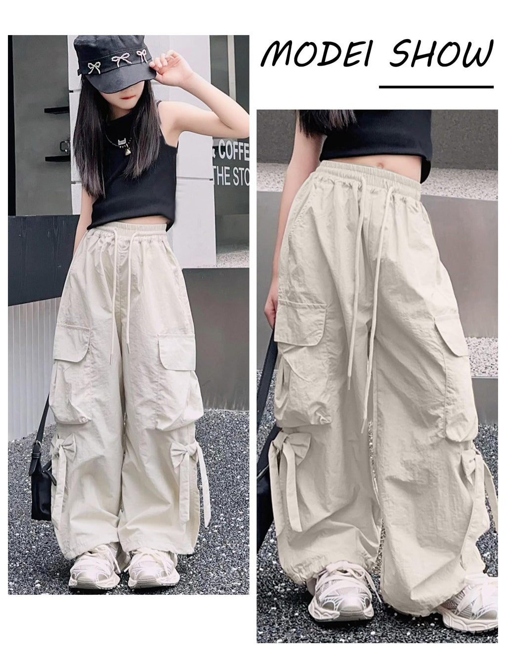 SEAUR Cargo byxor flickor fritidsbyxor säckig hiphop-byxor med elastiskt midjeband rosett lätta tunna sommarbyxor 4 fickor fritid streetwear barn 5–14 år
