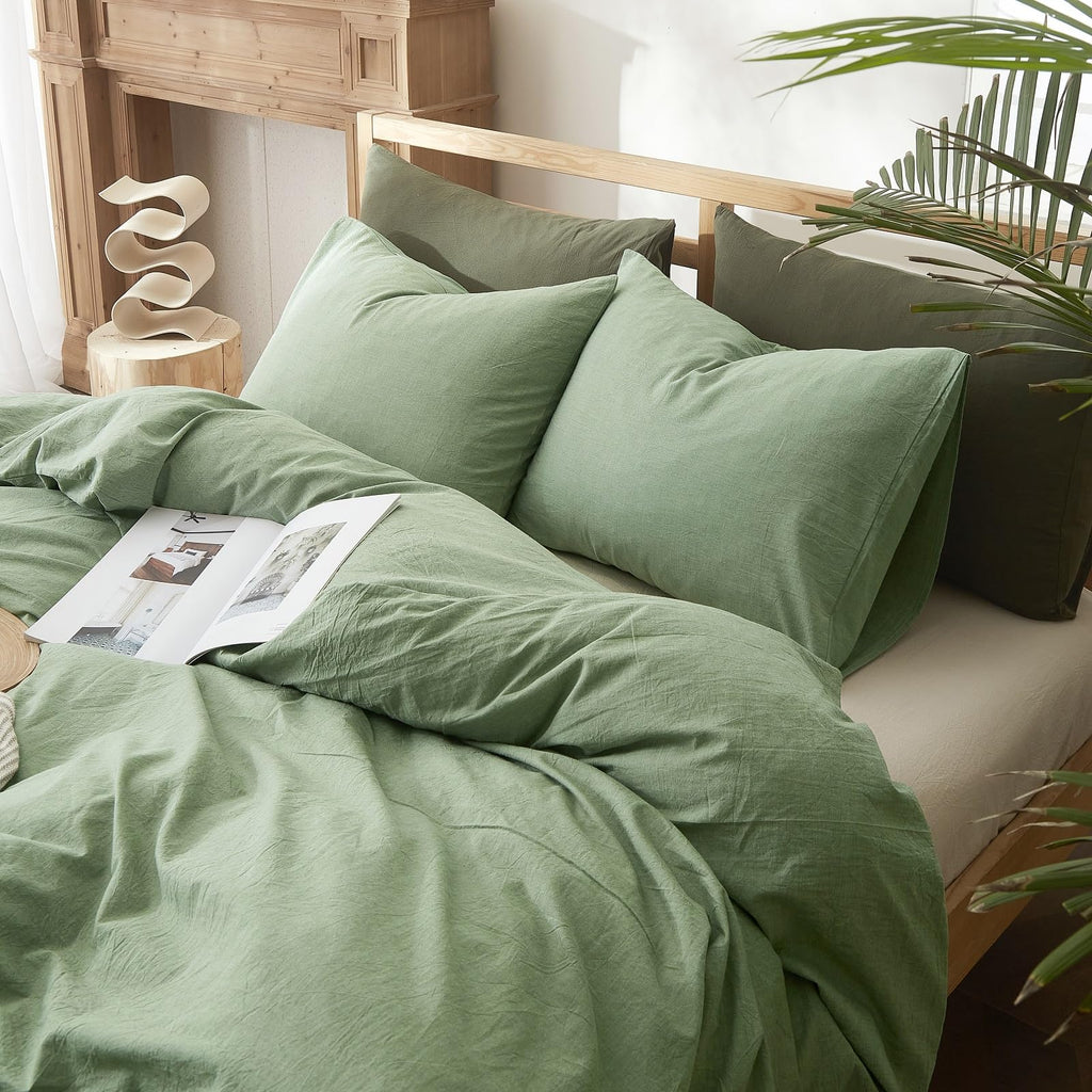 AMWAN Soft Sage Green Duvet Cover Twin 3 Piece Washed Cotton Bedding Sets Simple Style Light Green Comforter Cover Breathable Cotton Green Bedding Duvet Cover for Kids Boy Girl Adults Twin Bed Set