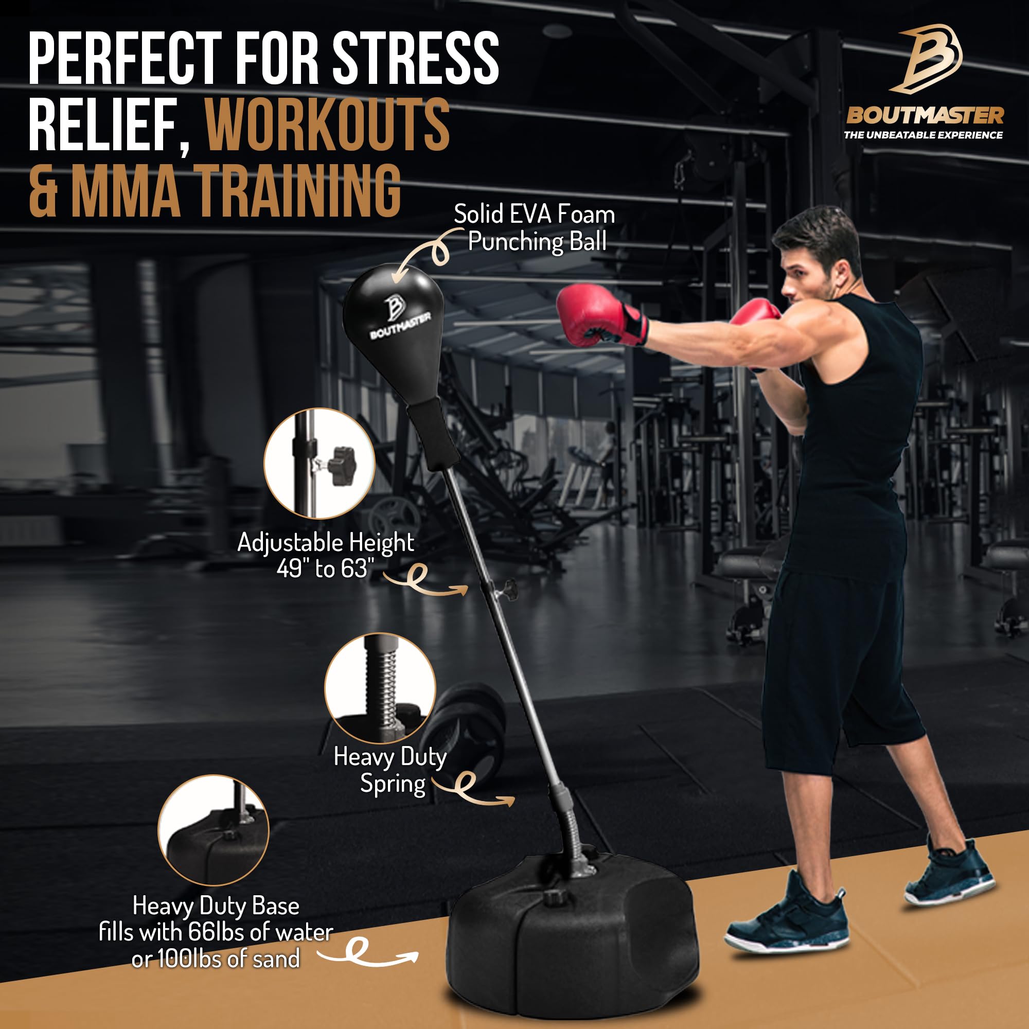 Boxningssäck med stativ, för barn och vuxna, justerbar höjd – fristående boxningsväska – perfekt för MMA-träning, stressavlastning och fitness