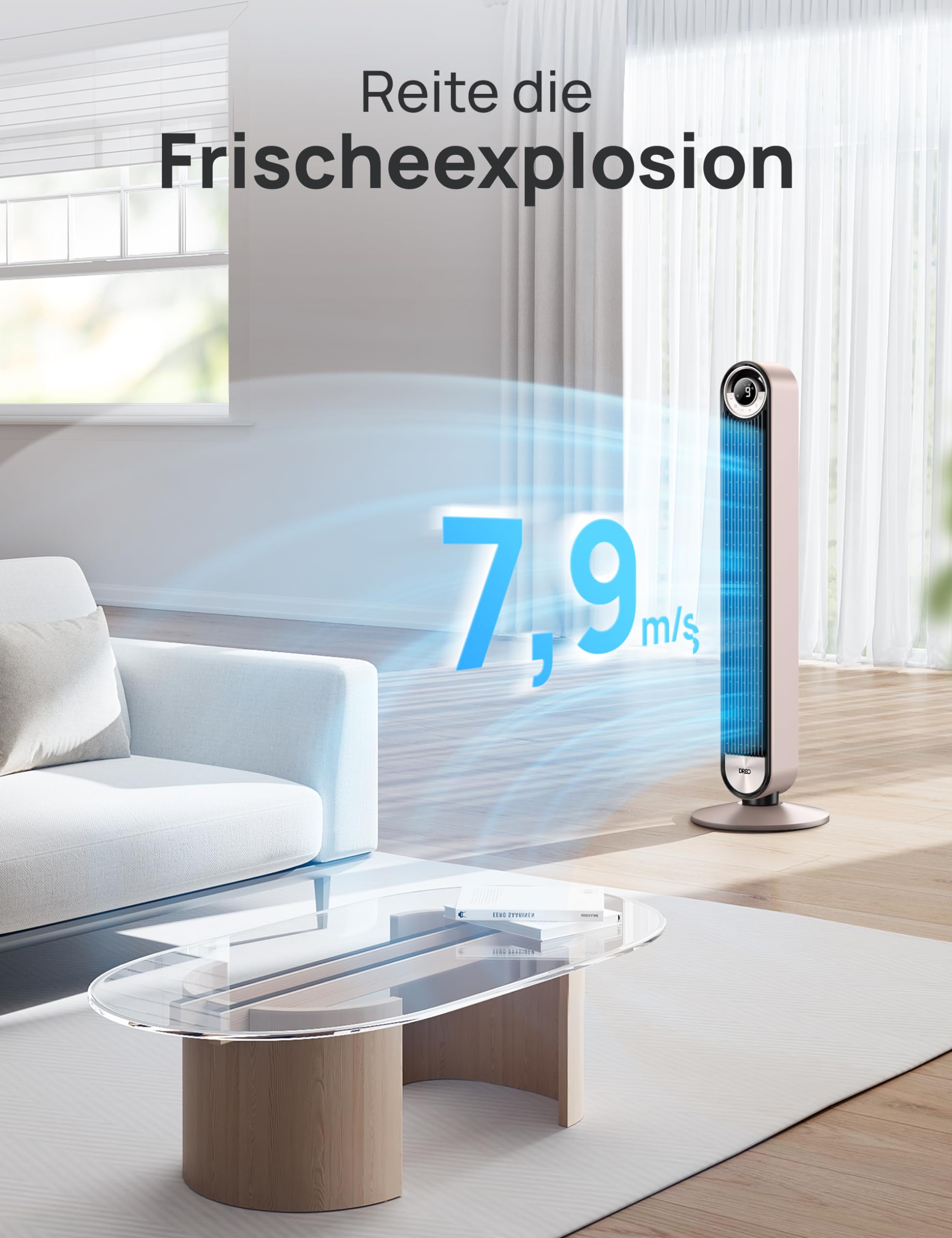Dreo 25 dB tyst smart tornfläkt, 106 cm höjd 4 lägen 9 hastigheter max 7,9 m/s 12 h timer 90° oscillerande fläkt med fjärrkontroll röststyrning kylning, Cruiser Pro T2S,