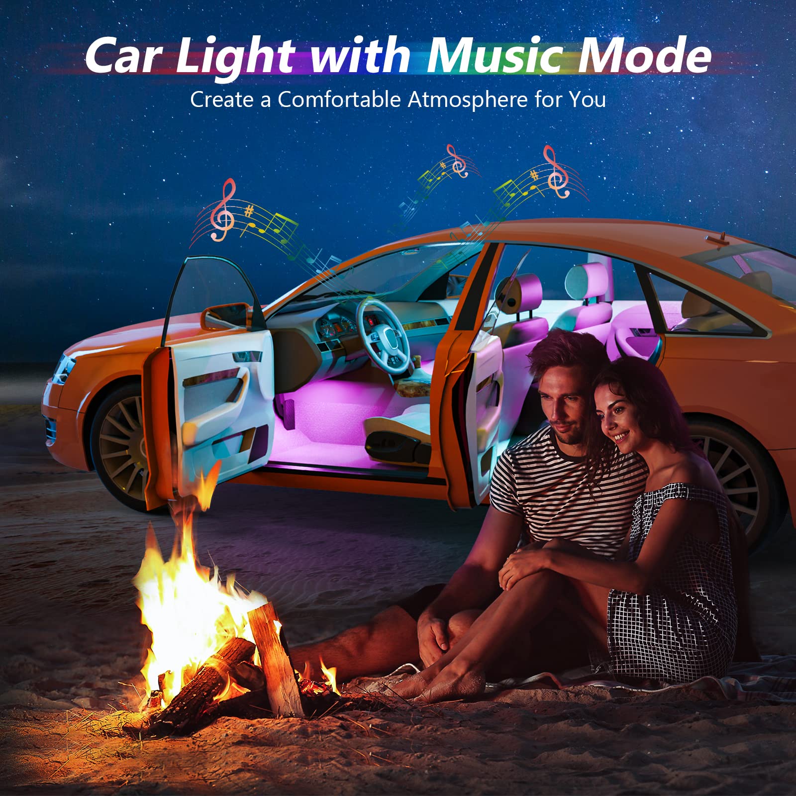 TASMOR Bluetooth-omgivande belysningsbil, RGB-bil Led-interiörbelysning med APP Reglerbar, dimbar vattentät fotbrunnbelysning Autojustering med fjärrkontroll, 12V bil LED-lampor Syn med musik