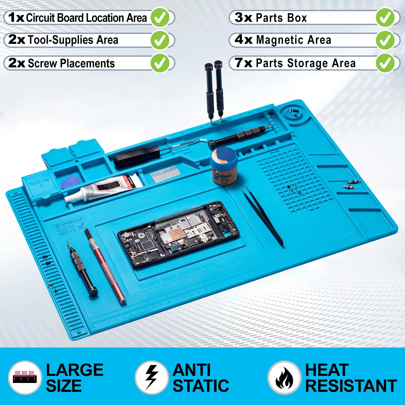 Spurtar Lödmatta, Lödstation, 45 x 30 cm, 500 ℃ Värmebeständig Silikonarbetsmatta, Antistatisk Matta, Mångfunktionell Magnetisk Elektronikreparation, Silikonplatta för Lödning, Svetsning Gör-det-själv