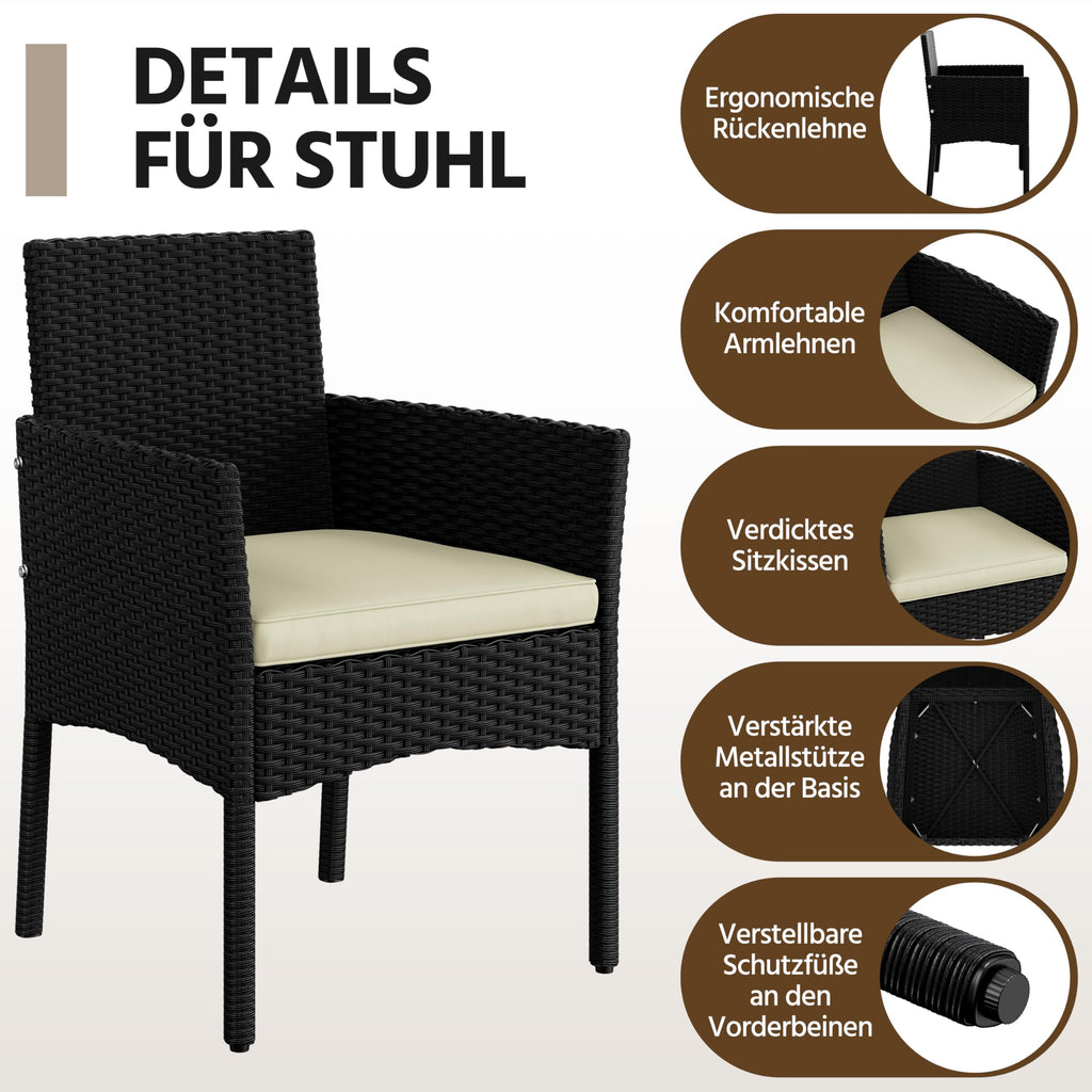Yaheetech Set med 4 trädgårdsmöbler, balkongmöbler, sats av polyrattan terrassmöbler, utomhus med 2 soffor, 2 stolar, bord och sittdyna för terrass/balkong/trädgård, svart och beige