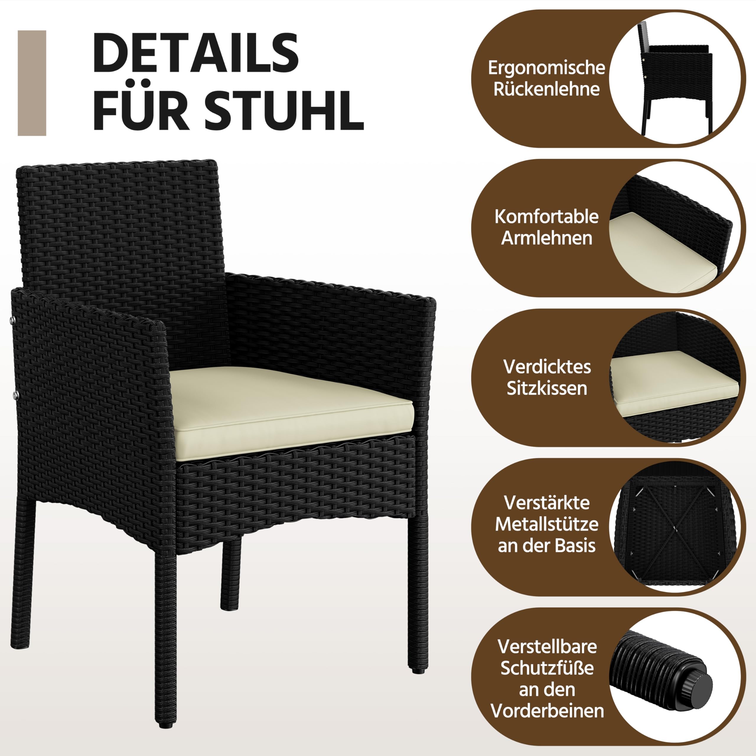 Yaheetech Set med 4 trädgårdsmöbler, balkongmöbler, sats av polyrattan terrassmöbler, utomhus med 2 soffor, 2 stolar, bord och sittdyna för terrass/balkong/trädgård, svart och beige