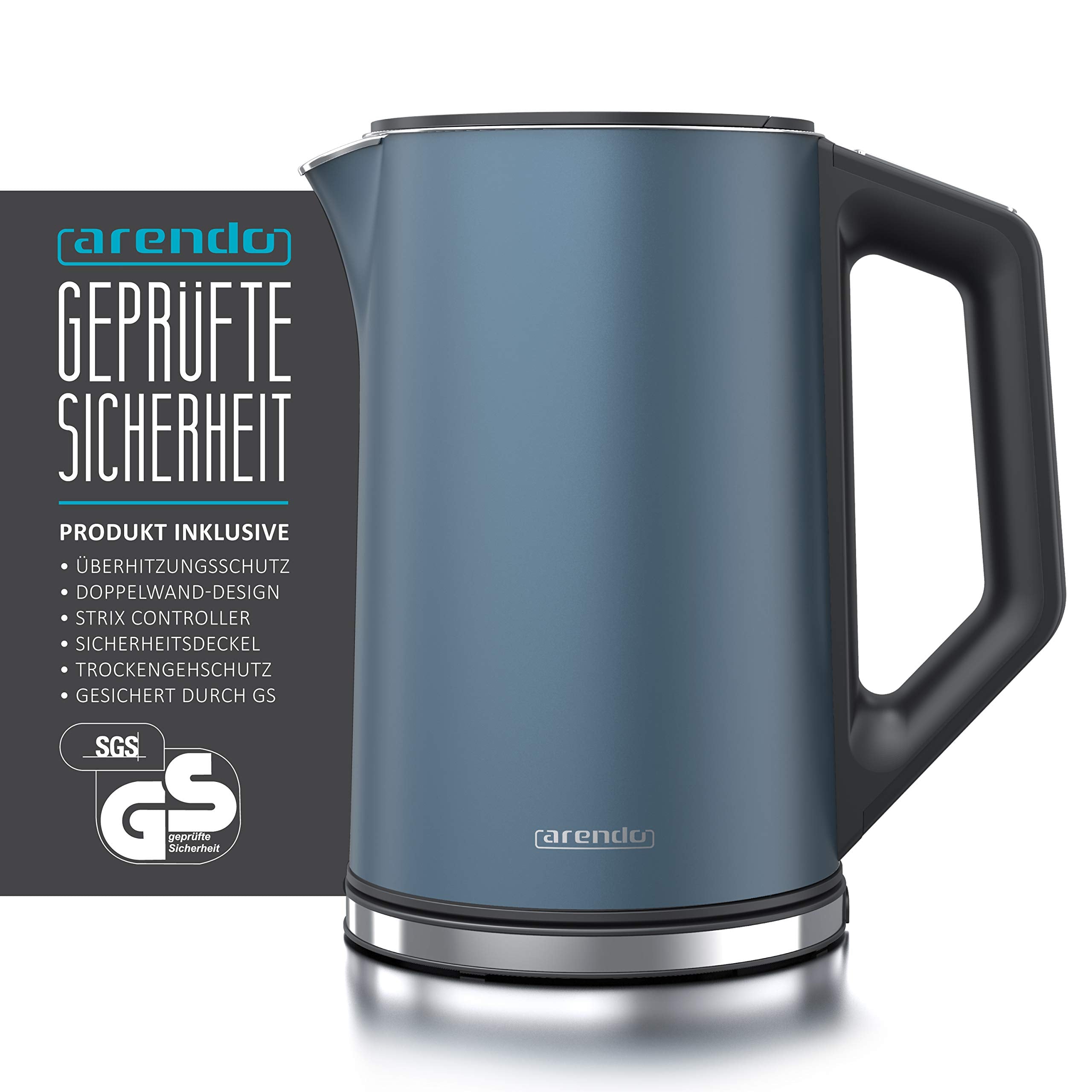 Arendo - Vattenkokare i rostfritt stål med temperaturinställning 40-100 grader i steg om 5 - Dubbelväggsdesign - ELEGANT modell - 1,5 liter - 2200 W - Tekokare med temperaturdisplay - GS - Admiral blå