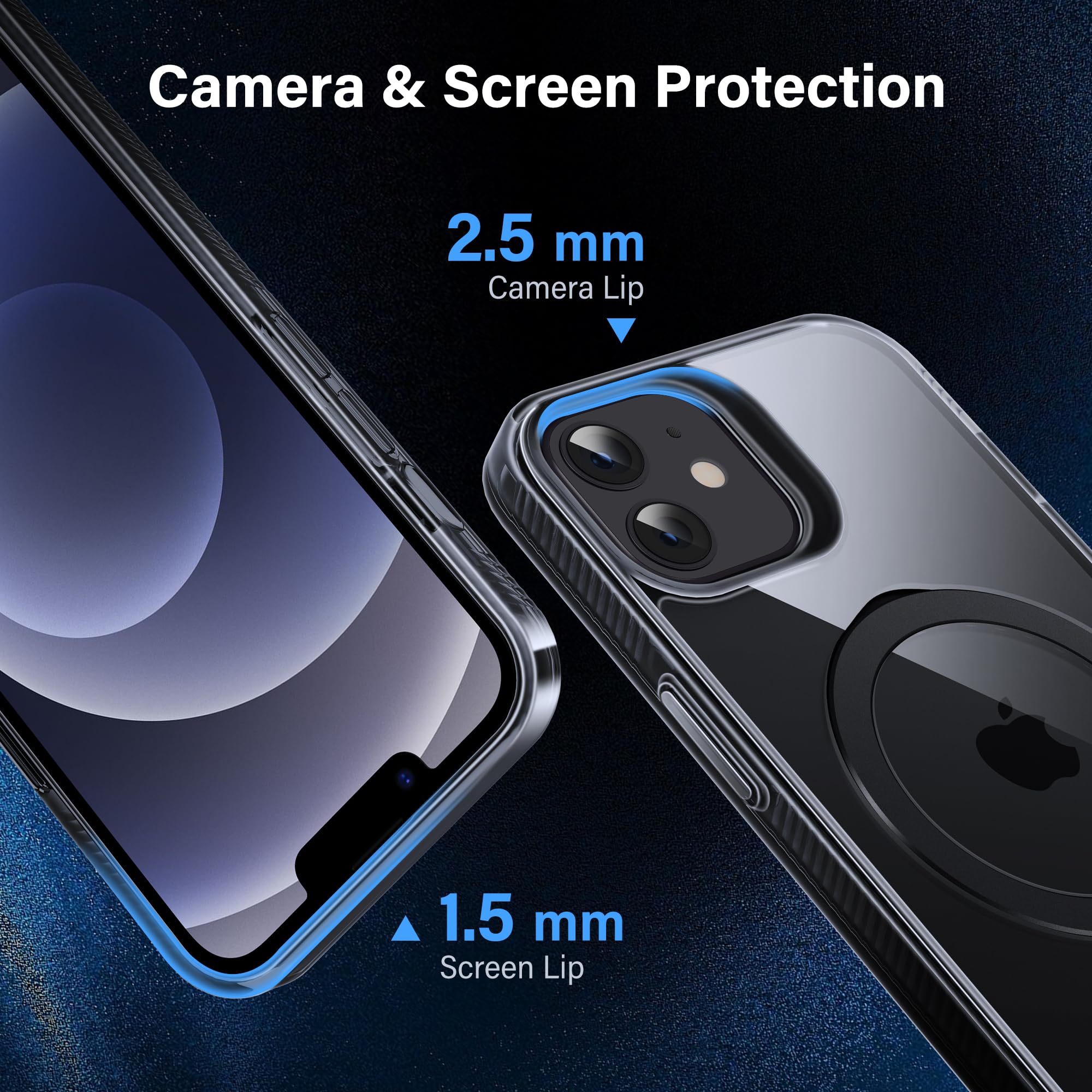 Magnetiskt skal för iPhone 12/12 Pro – inbyggt osynligt stativ, kompatibelt med MagSafe, militärklassat stötskydd, hård baksida med silikonkanter, gulnar inte, 6,1 tum, genomskinlig svart