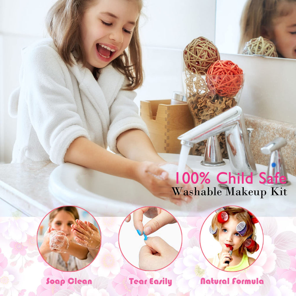 Barnsmink set flickor leksaker presenter – tvättbar sminkväska barn, smink barn makeup set spel, prinsessa jul födelsedagspresent presenter för flickor 4 5 6 7 8 9 10 11 12 år