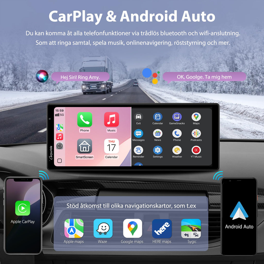 Carpuride Wireless Carplay & Android Auto med Dash Cam - 10,26" HD IPS Touch Car Play-skärm för bil, 4K Front & 1080P Bakre kamera, Loop Recording, Bluetooth Audio, Mirror Link, GPS, Siri