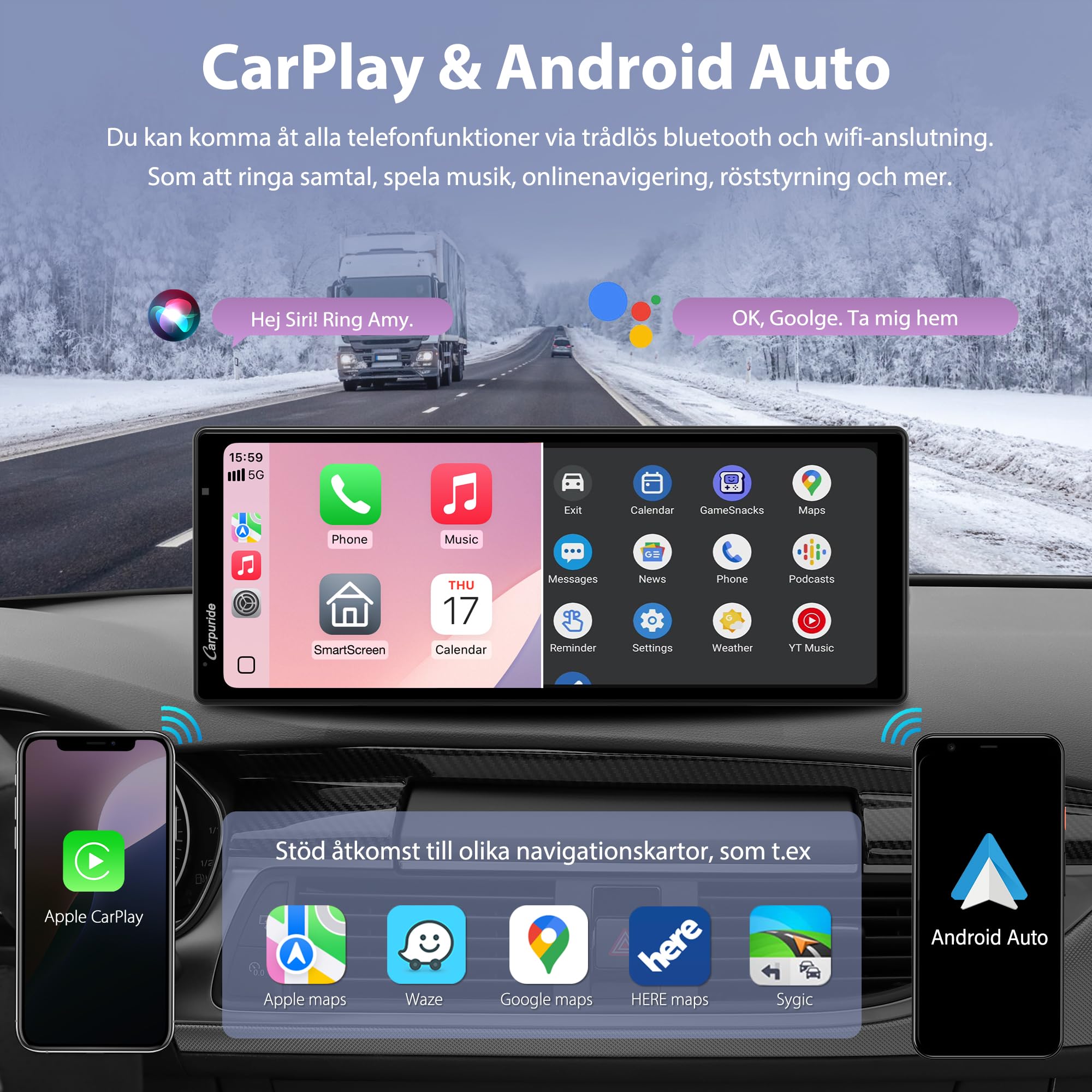 Carpuride Wireless Carplay & Android Auto med Dash Cam - 10,26" HD IPS Touch Car Play-skärm för bil, 4K Front & 1080P Bakre kamera, Loop Recording, Bluetooth Audio, Mirror Link, GPS, Siri