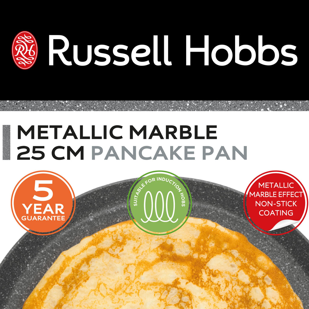 Russell Hobbs RH02852EU7 metallisk marmor crepe och pannkaka stekpanna – 25 cm/9,8 tum non-stick platt stekpanna för omelett, chapati, roti, induktionshäll lämplig, mjukt grepphandtag, smidd aluminium