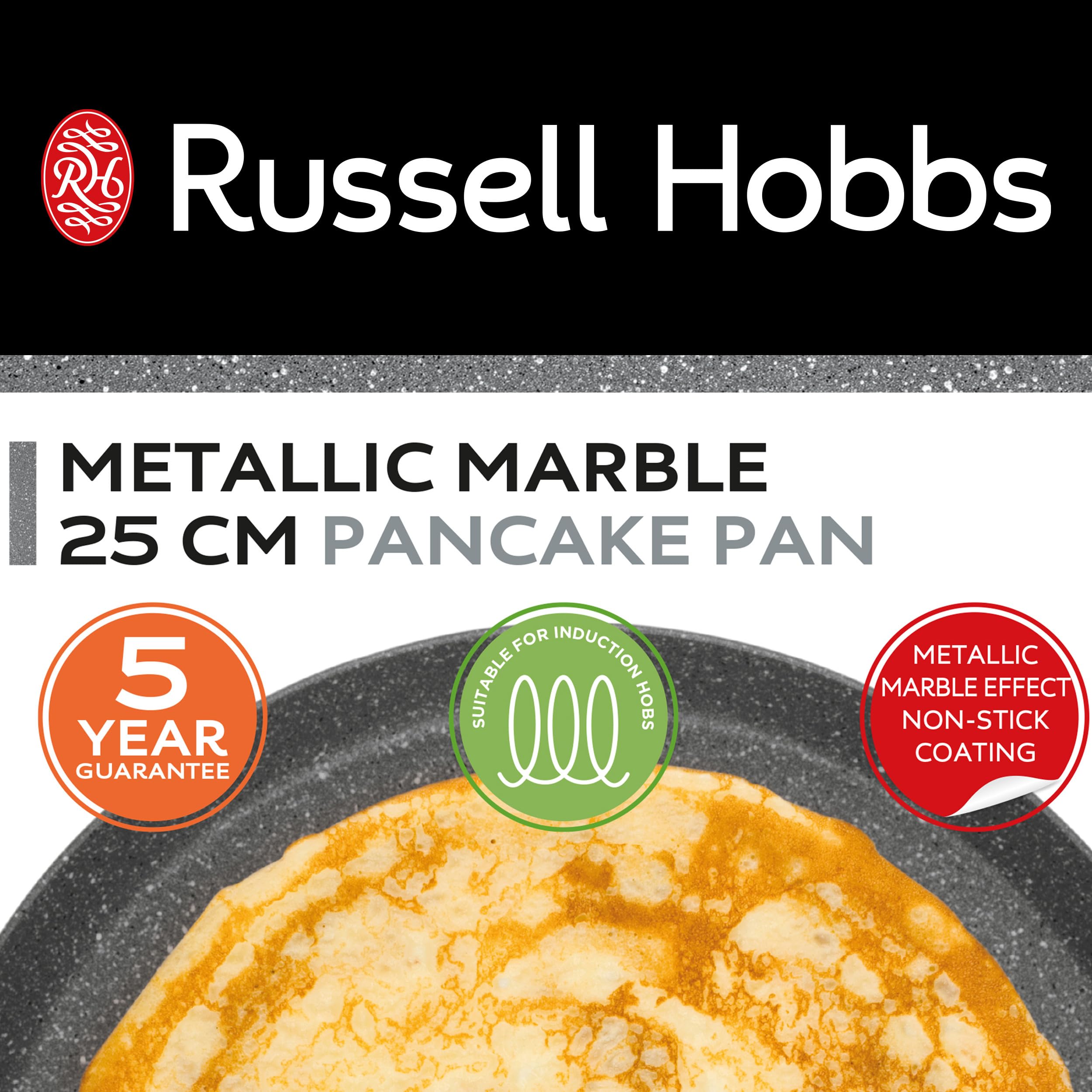 Russell Hobbs RH02852EU7 metallisk marmor crepe och pannkaka stekpanna – 25 cm/9,8 tum non-stick platt stekpanna för omelett, chapati, roti, induktionshäll lämplig, mjukt grepphandtag, smidd aluminium