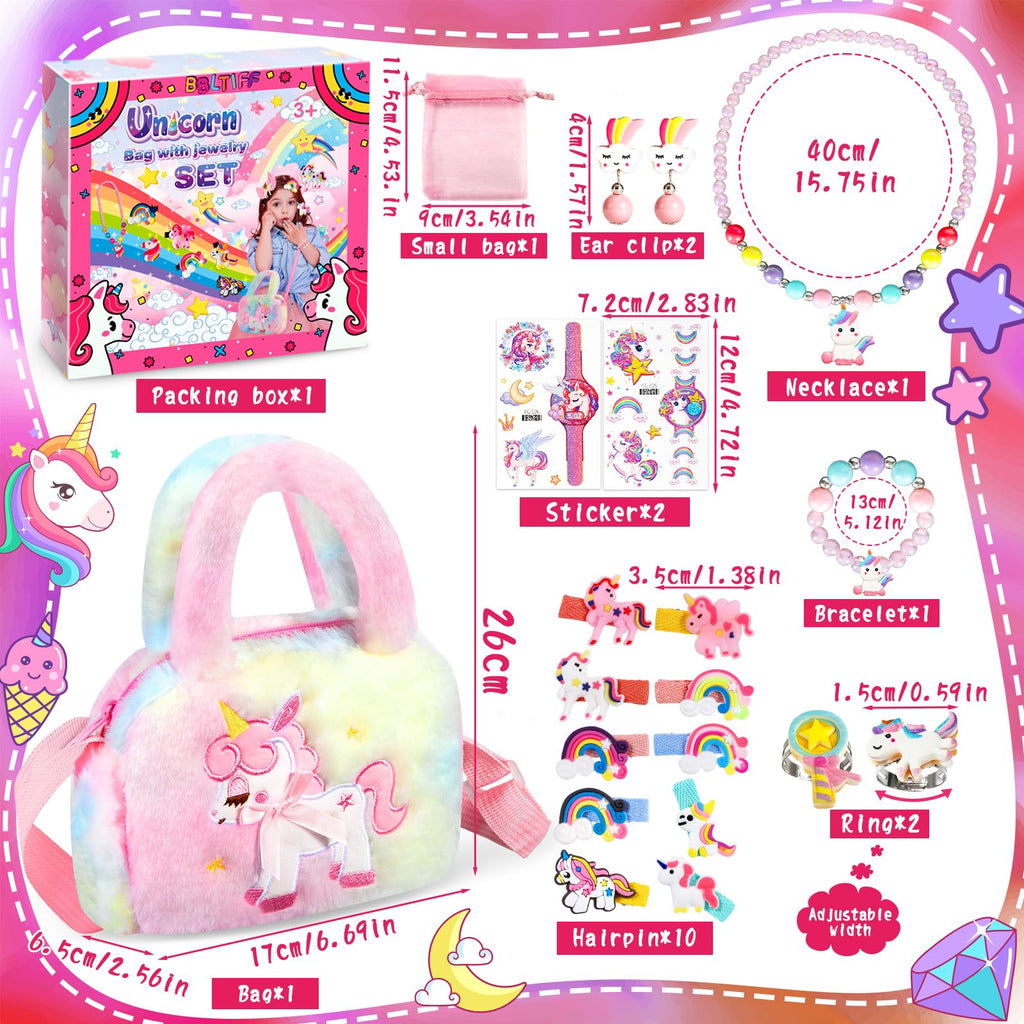 Enhörning smycken barn flicka handväska, enhörningsväska med smyckeset, enhörning flicka leksak, barn flickor smycken 3–9 år, enhörningsväska med hårklämma, armband, halsband, ring