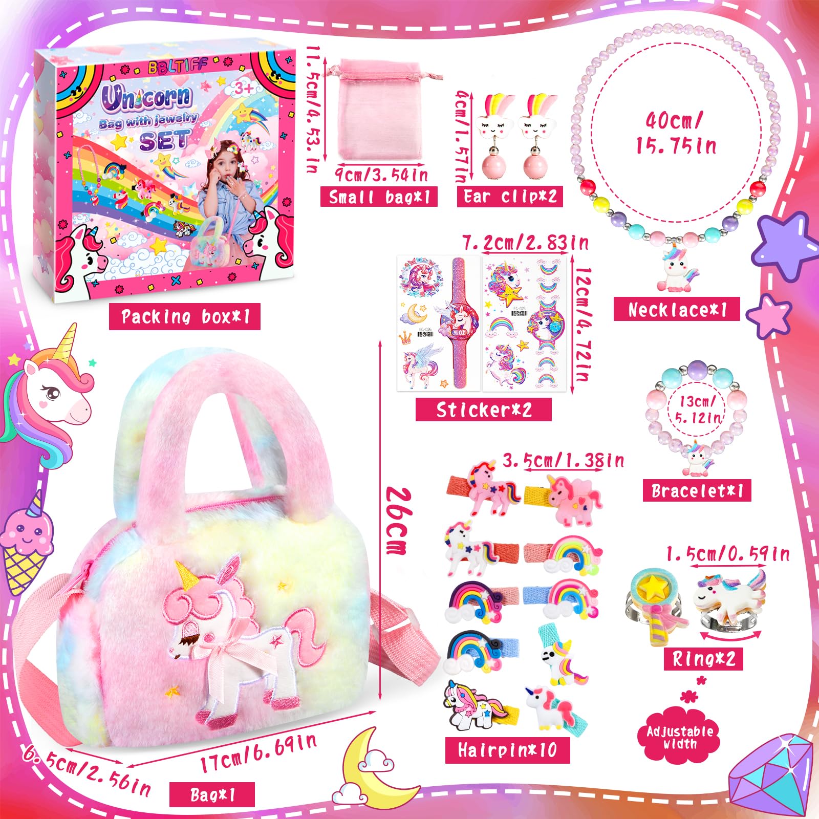 Enhörning smycken barn flicka handväska, enhörningsväska med smyckeset, enhörning flicka leksak, barn flickor smycken 3–9 år, enhörningsväska med hårklämma, armband, halsband, ring